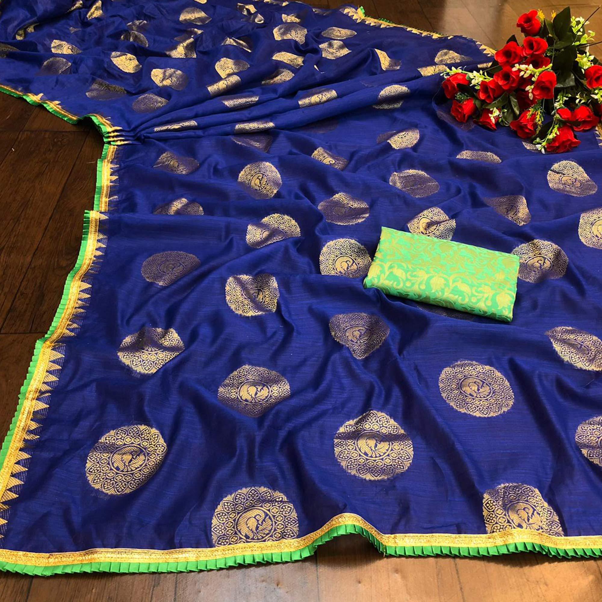 Peachmode Glorious Blue Colored Festive Wear Woven Cotton Saree