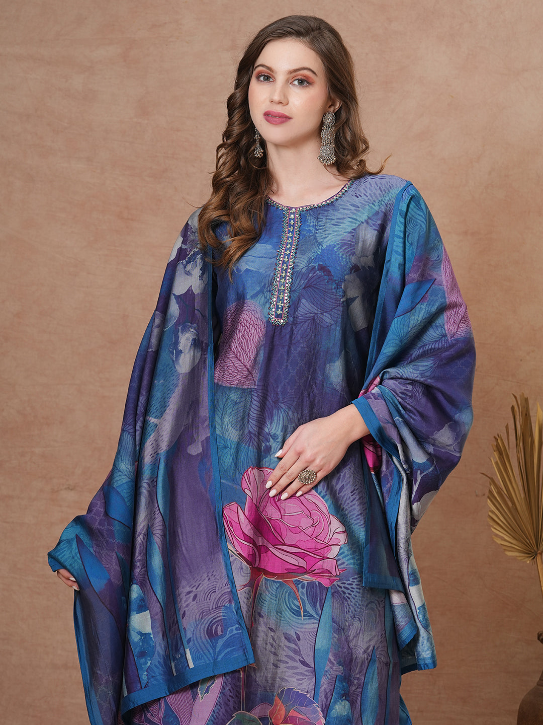 FASHOR Abstract Floral Printed Straight Fit Kurta with Pant and Dupatta - Blue - view 2