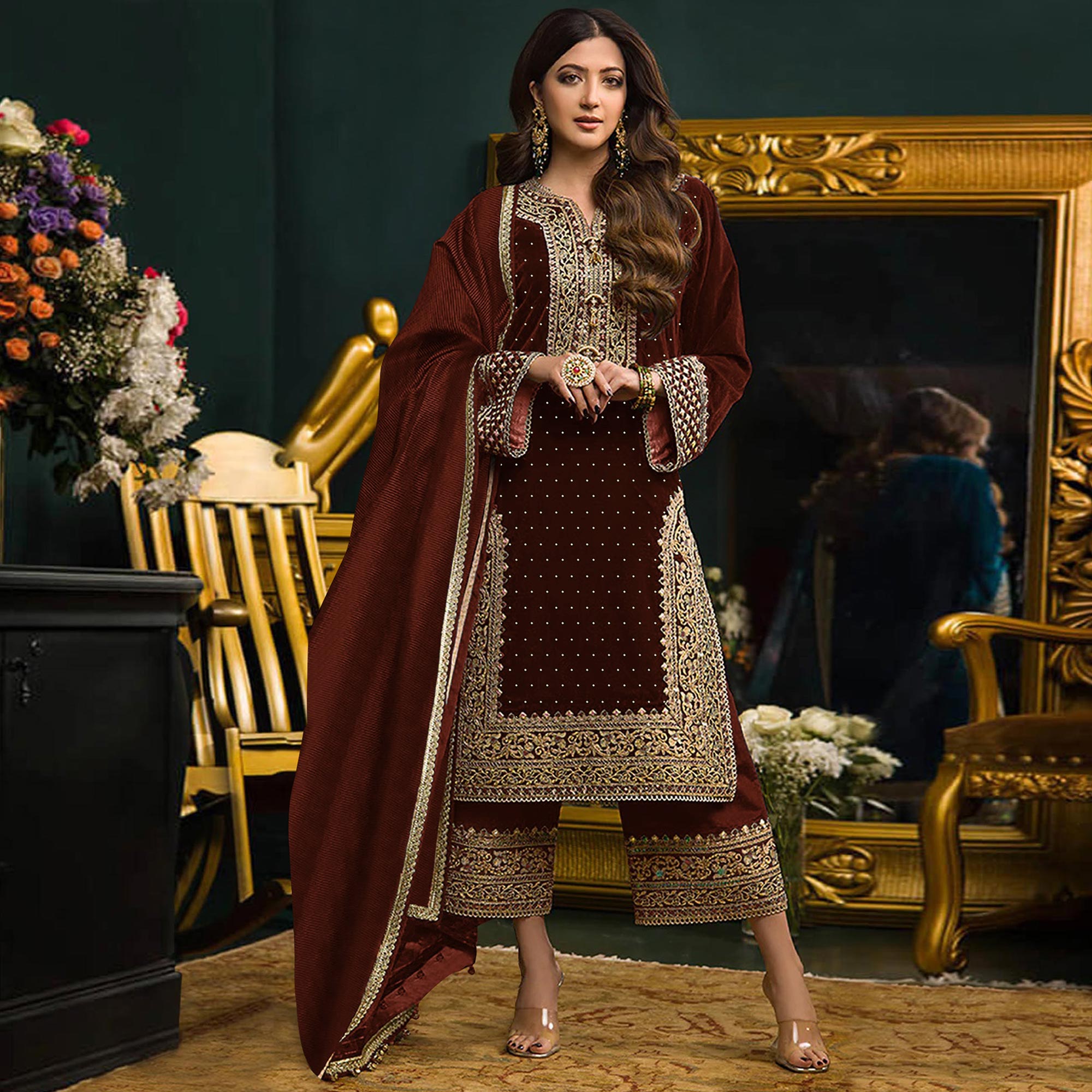 Peachmode Brown Embroidered Velvet Semi Stitched Salwar Suit