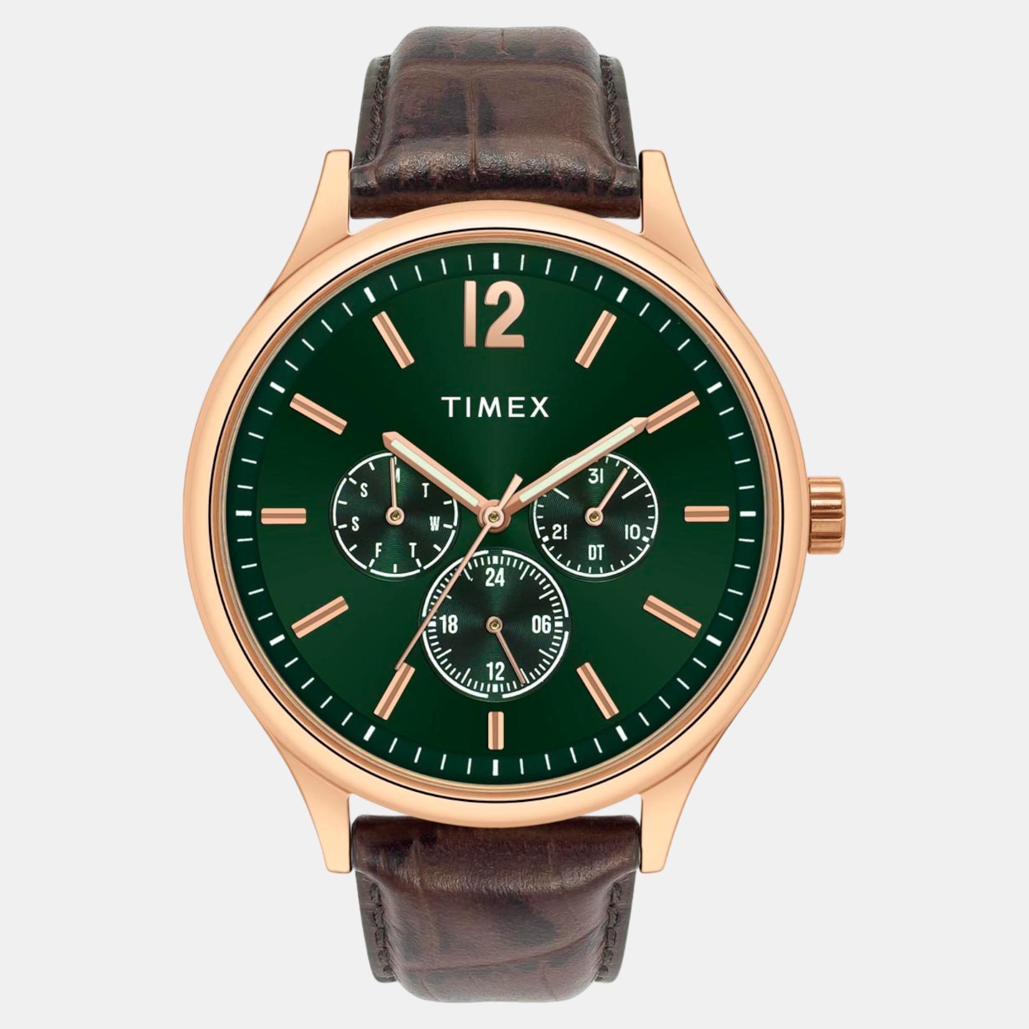 Timex Fashion Men Quartz Green Dial Multi-Function Leather Watch TWEG18434