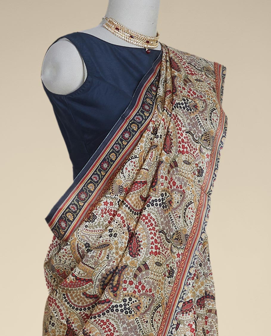Pothys multi-colored floral , paisleys printed silk saree with contrast intricate zari design border