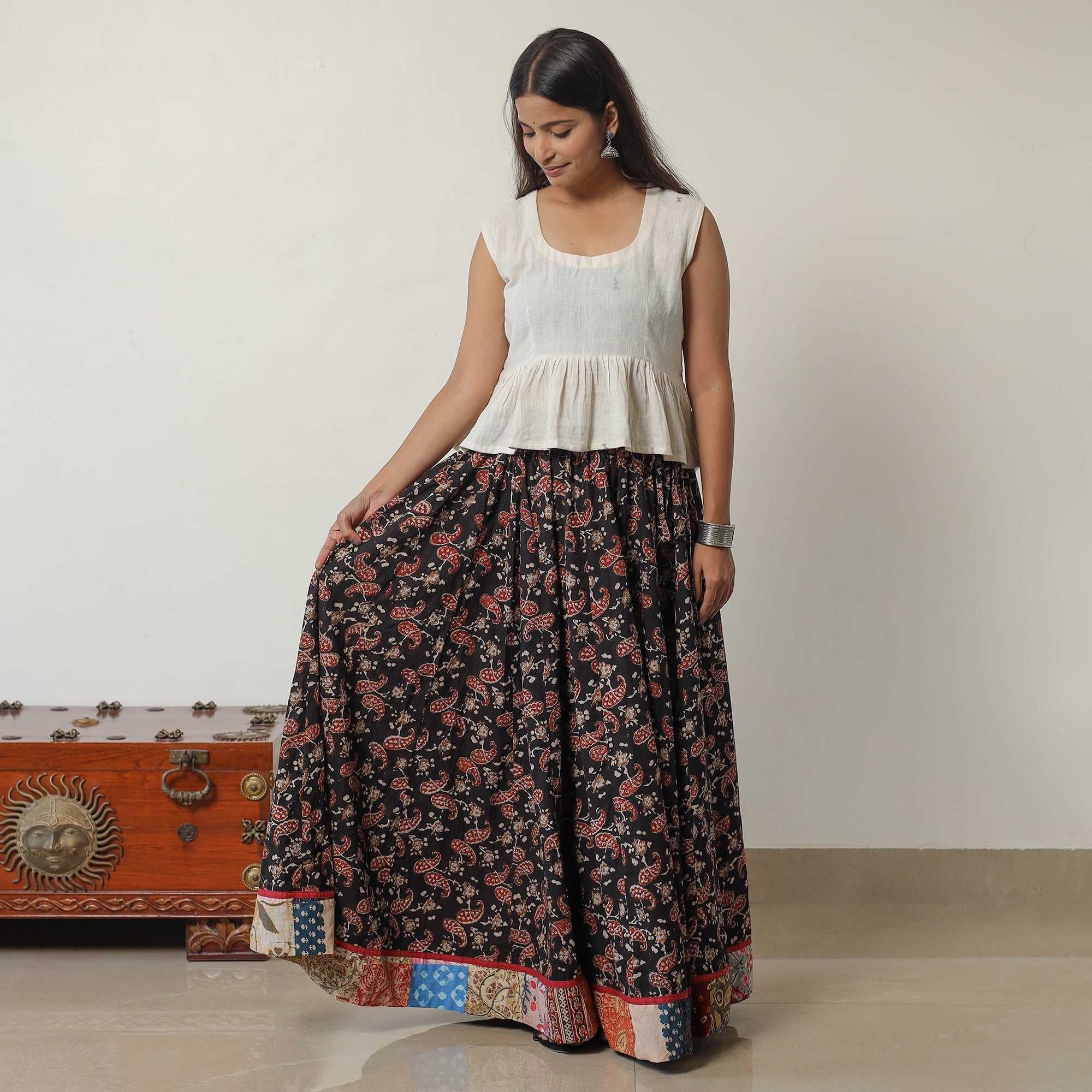 NOORI BAZAR Black - Bagru Block Printed 24 Kali Patchwork Cotton Long Skirt 36 - view 2