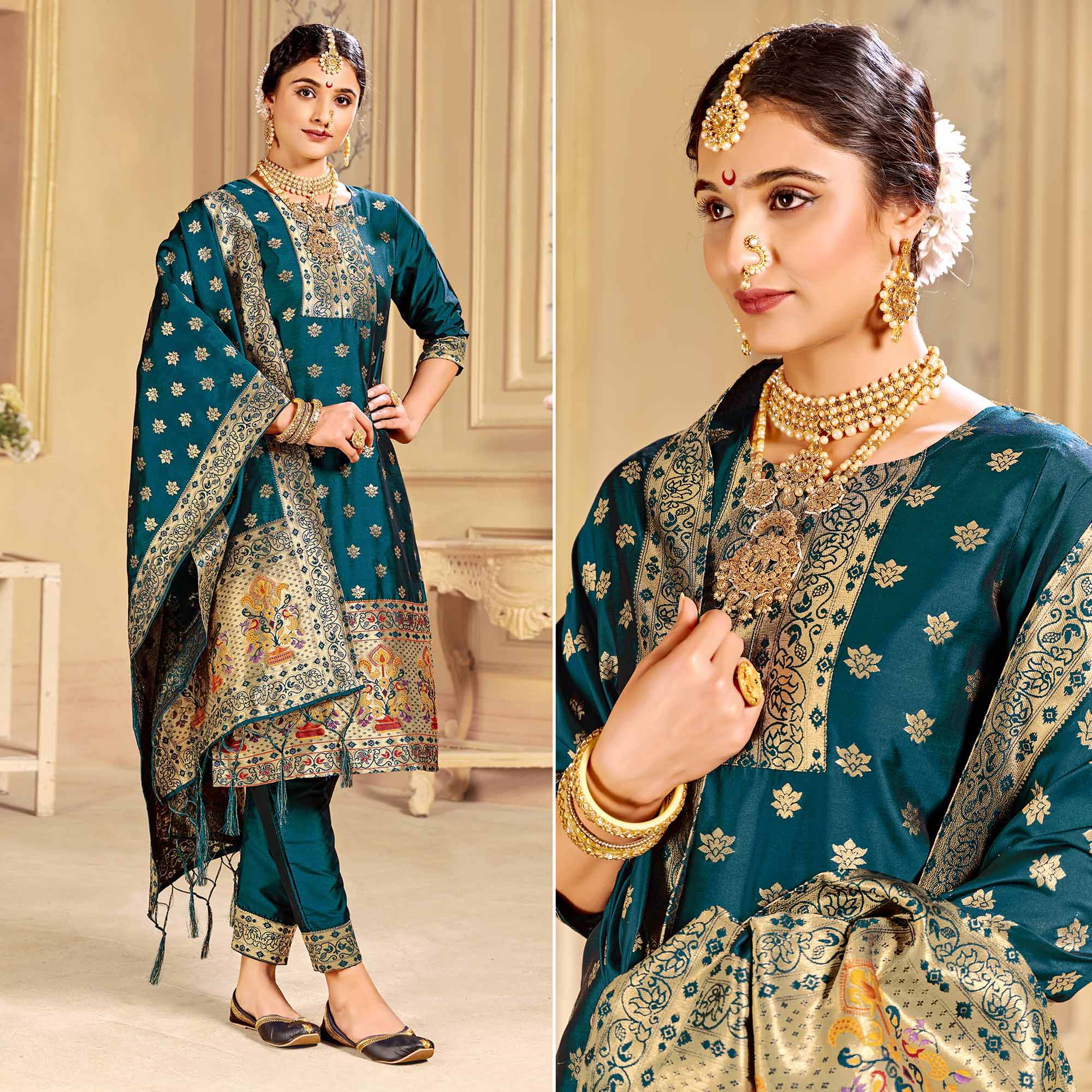 Peachmode Seller Morpich Floral Woven Tapetta Silk Salwar Suit