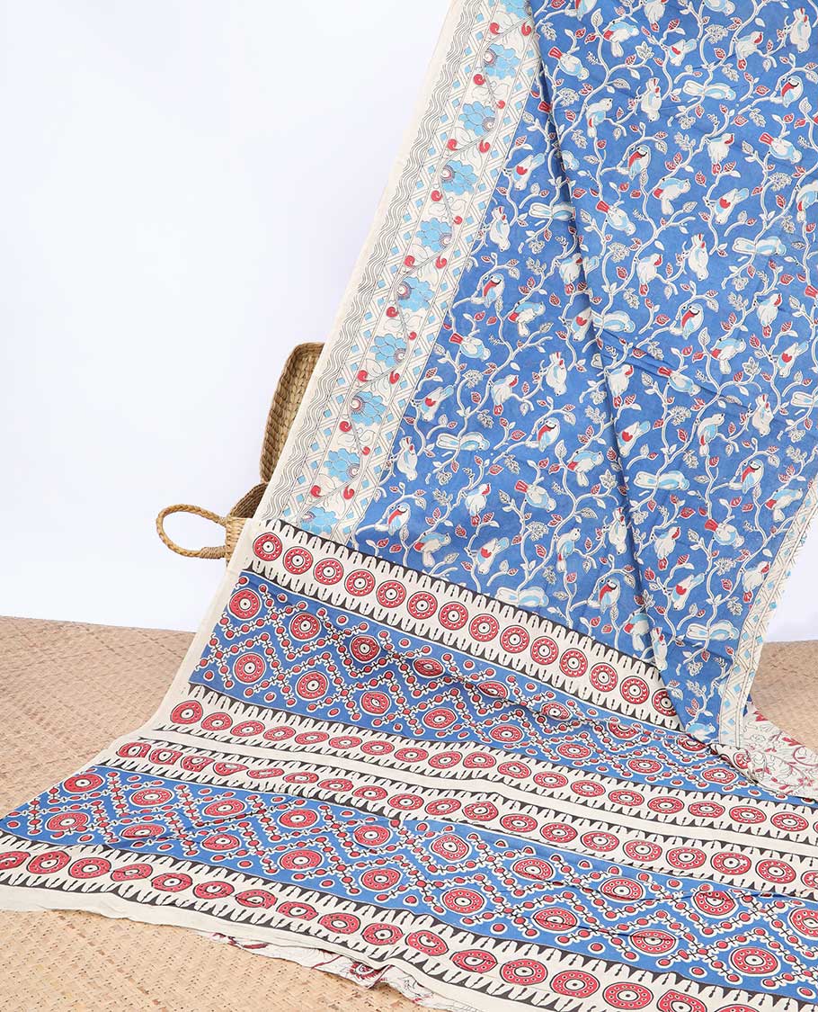 Pothys Blue floral machine-printed kalamkari cotton saree, contrast floral & geometric border & intricate pallu