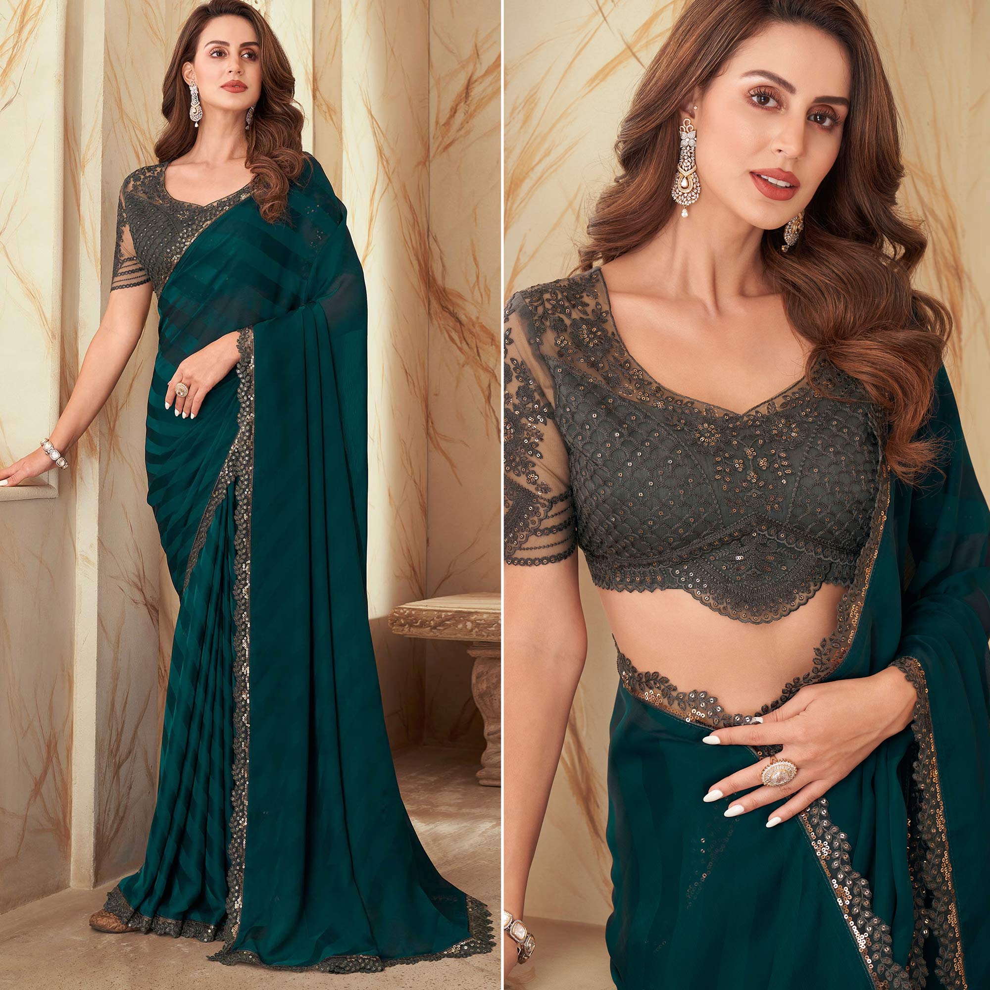 Peachmode Bottle Green Sequins Embroidered Satin Silk Saree