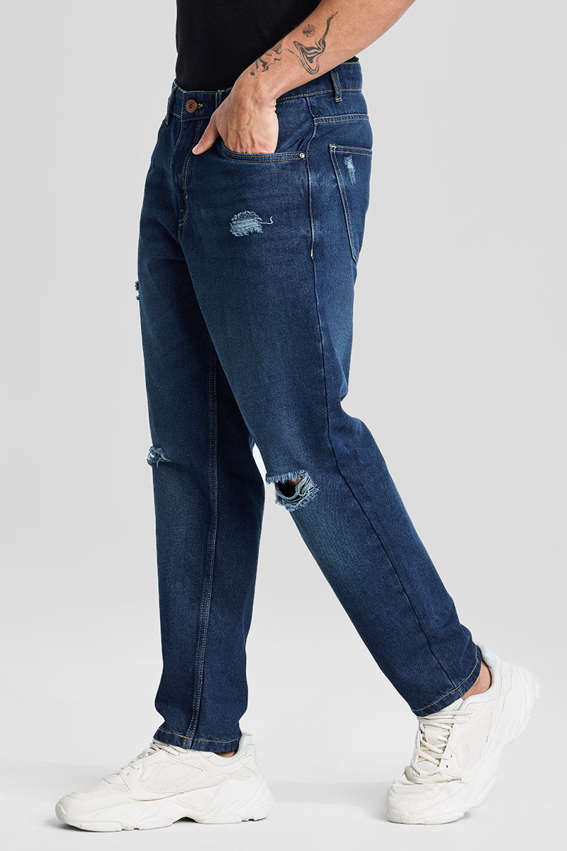 SNITCH Navy Distressed Baggy Fit Jeans - view 5