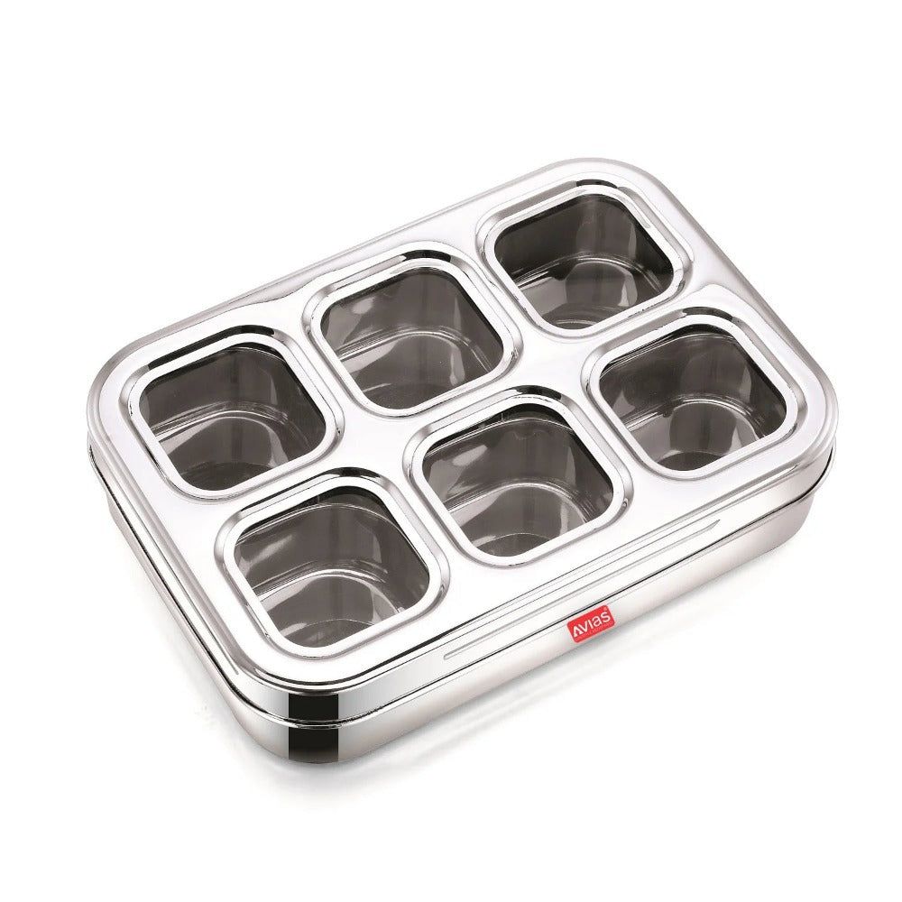 AVIAS Stainless Steel Dry Fruit Cum Spice Box Square Compartments with See-Through Lid | 6 Compartments and 1 Spoon | Silver & Blue - view 2