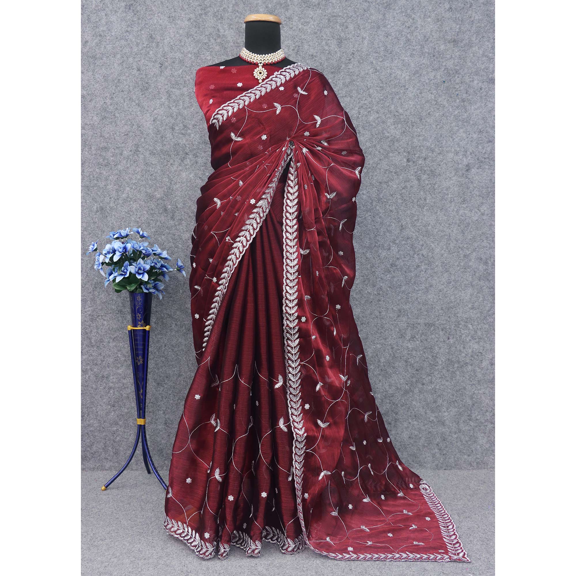 Peachmode Maroon Sequins Embroidered Chiffon Silk Saree - view 4
