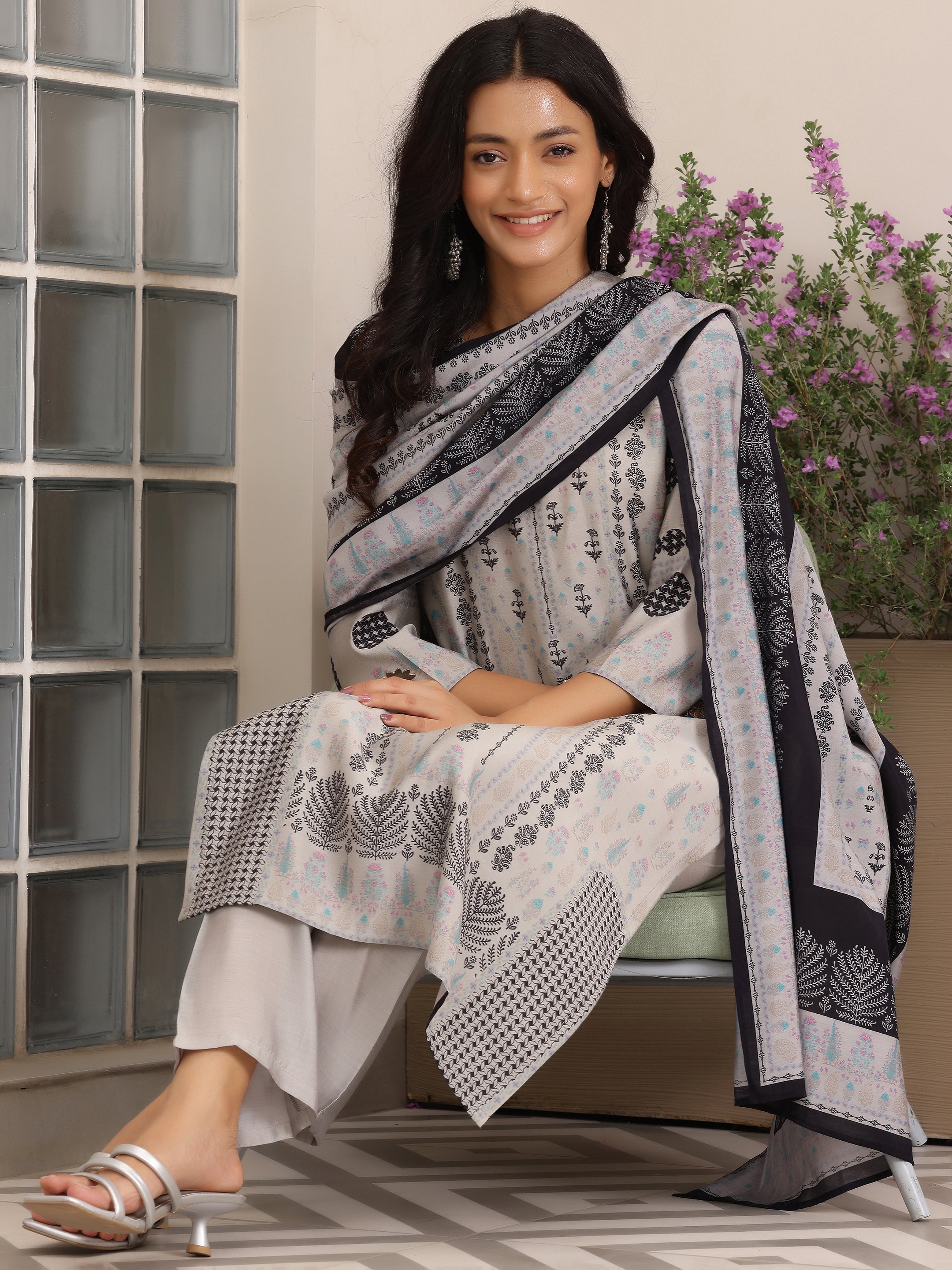 Libas Grey Printed Silk Blend Straight Suit With Dupatta - view 2