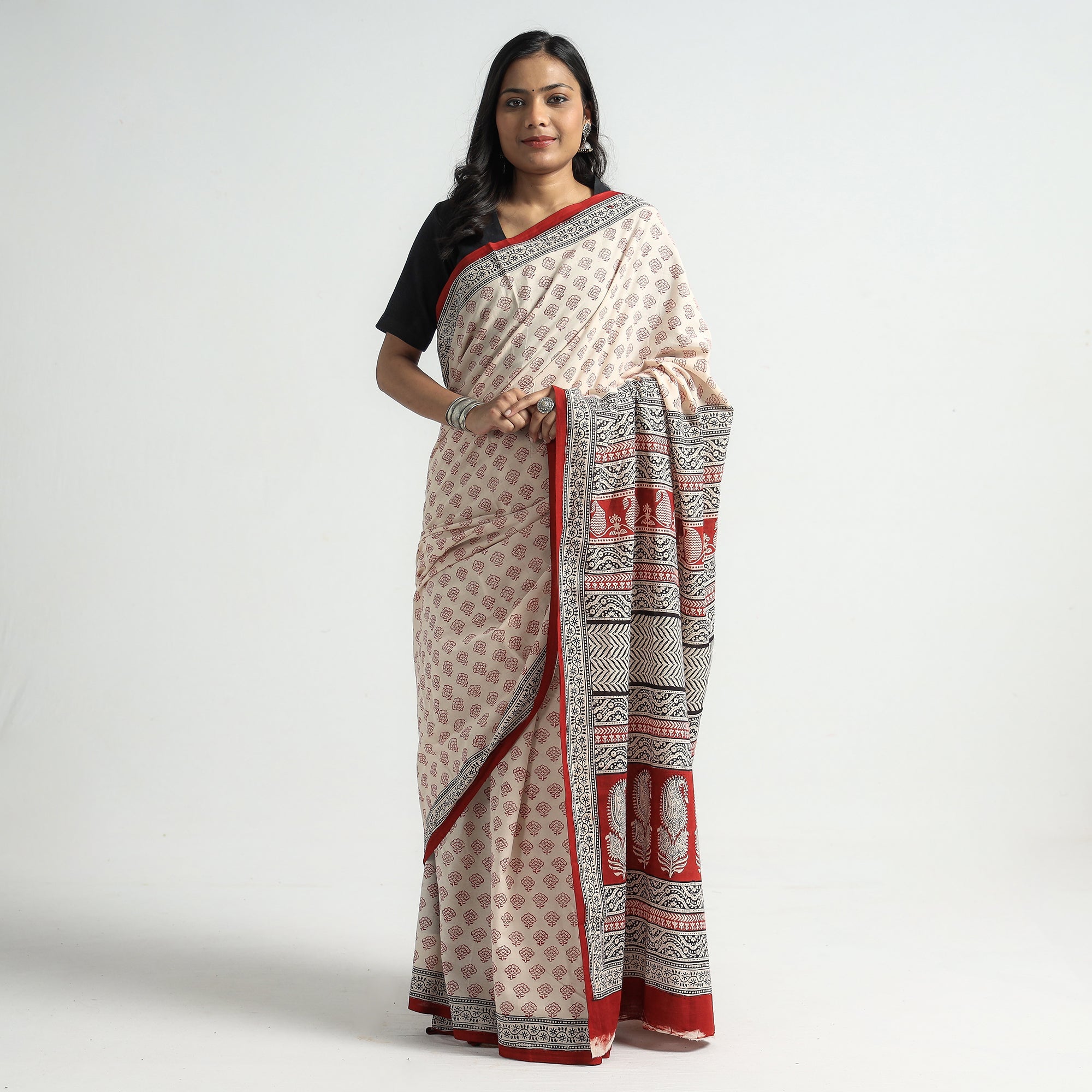 BAGH PRINTS BY MOHAMMED BILAL KHATRI Beige - Bagh Hand Block Printed Natural Dyed Cotton Saree