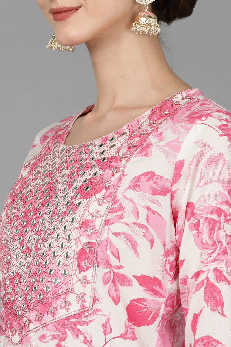 Ahika Pink Pure Cotton Floral Straight Kurta Trousers With Dupatta VKSKD1489 - view 2