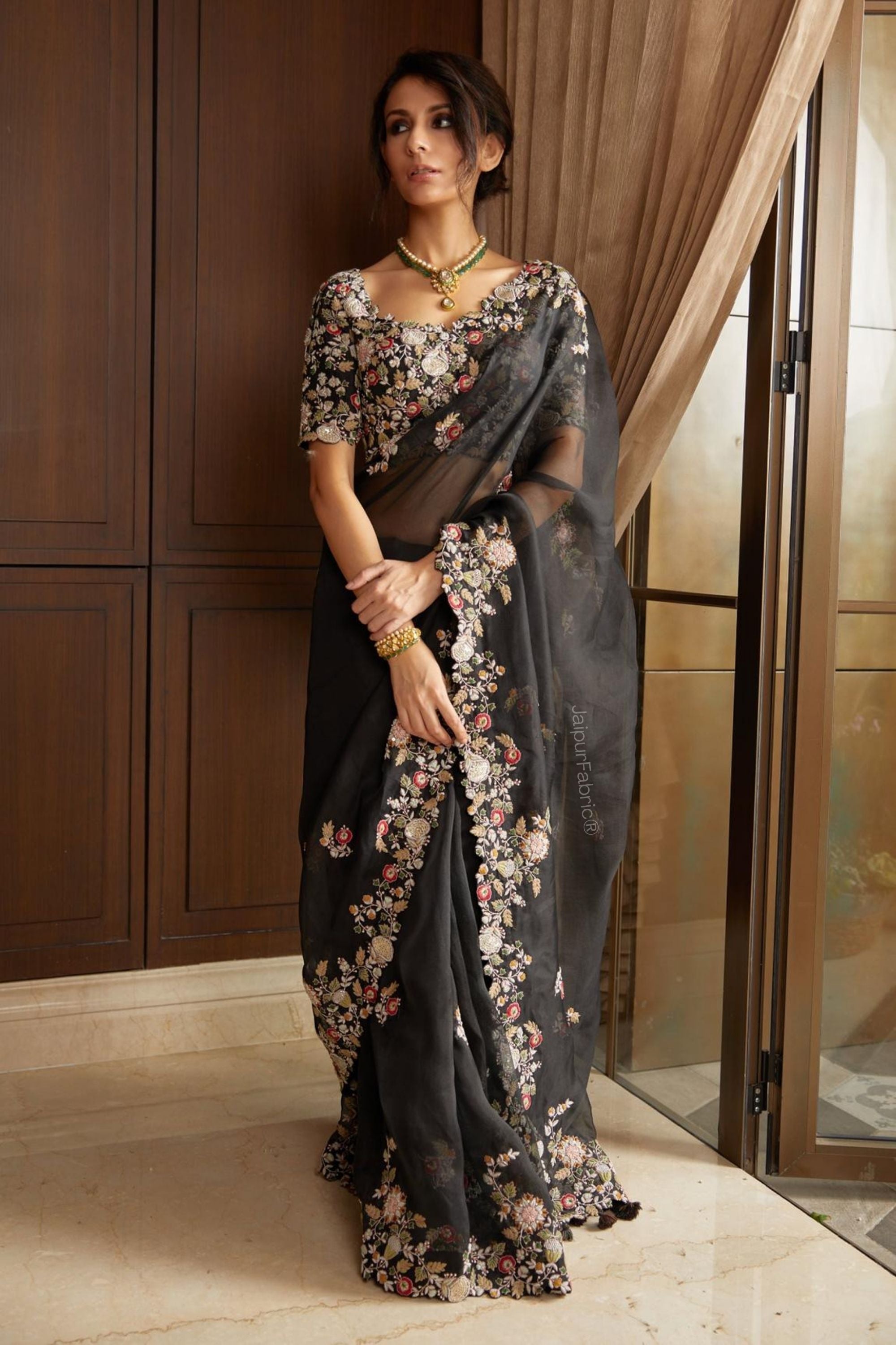 JaipurFabric® Black Georgette Saree With Blouse Piece - view 2