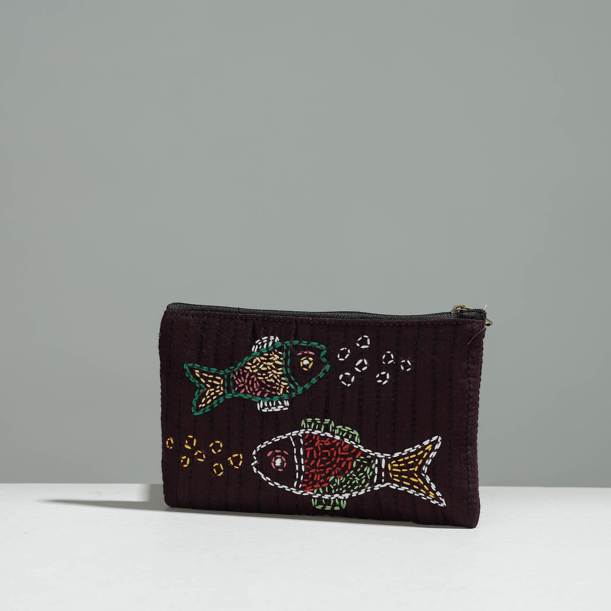 RANGILA DHAGA Brown - Gamcha Fabric Hand Embroidered Jewelry Pouch - view 2
