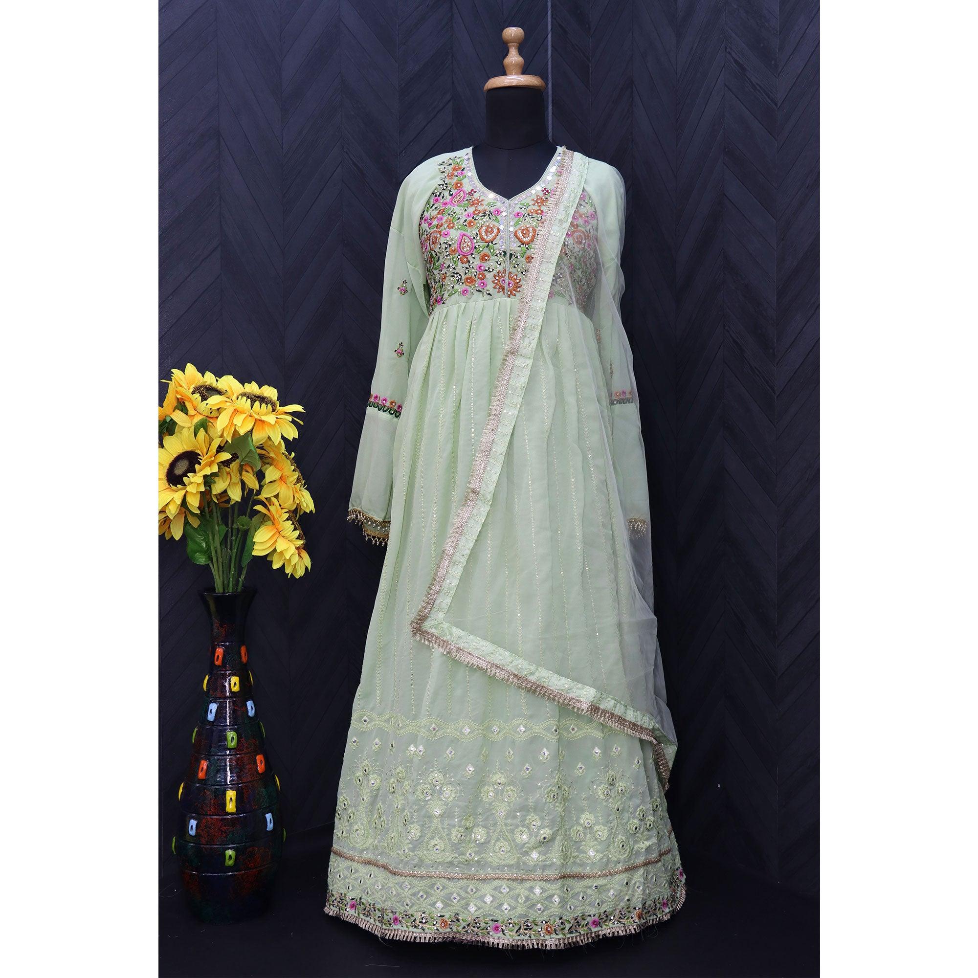 Peachmode Light Blue Embroidered With Embellished Georgette Anarkali Style Gown - view 5