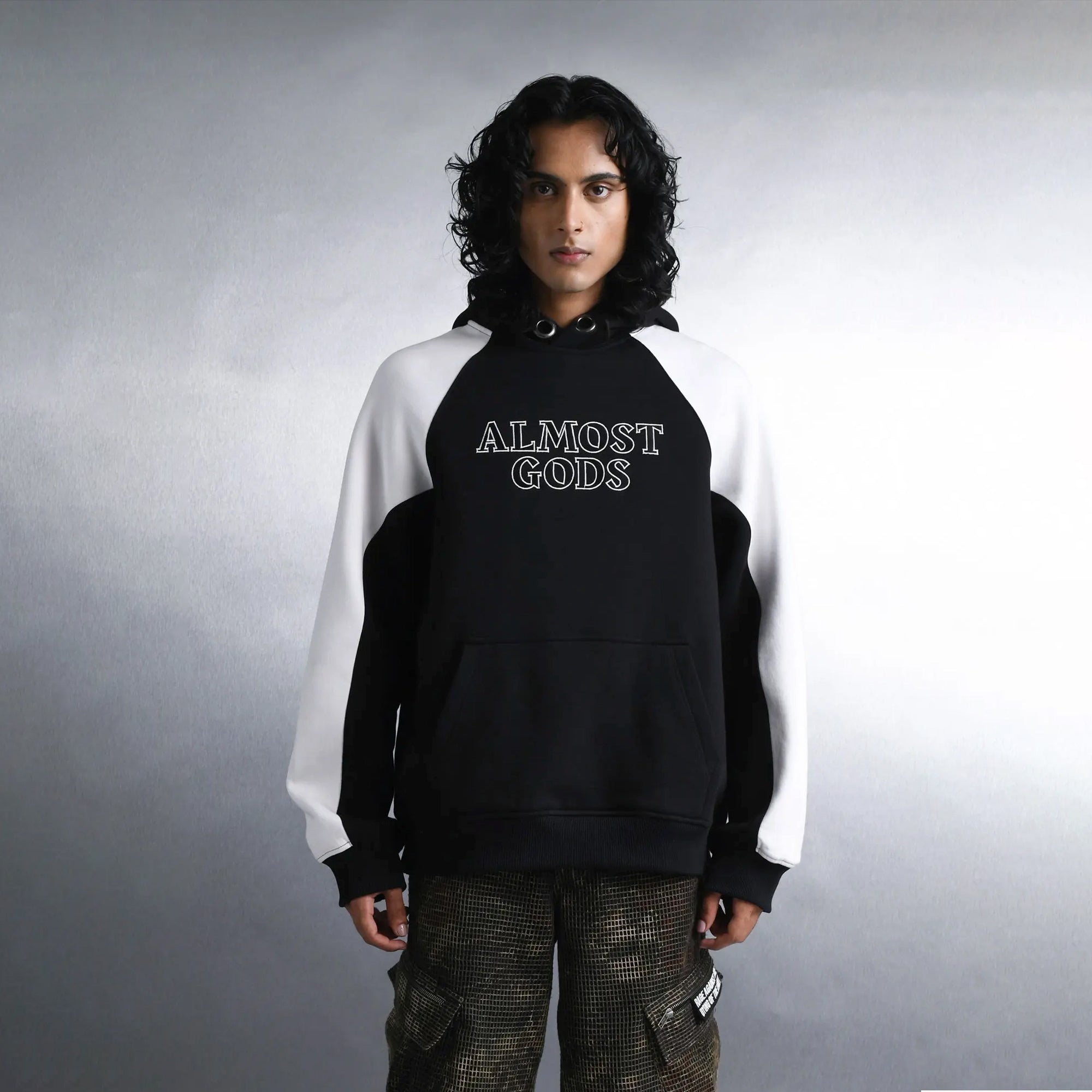 Almost Gods | Logo Panel Hoodie In Black And White { Black/white - view 2