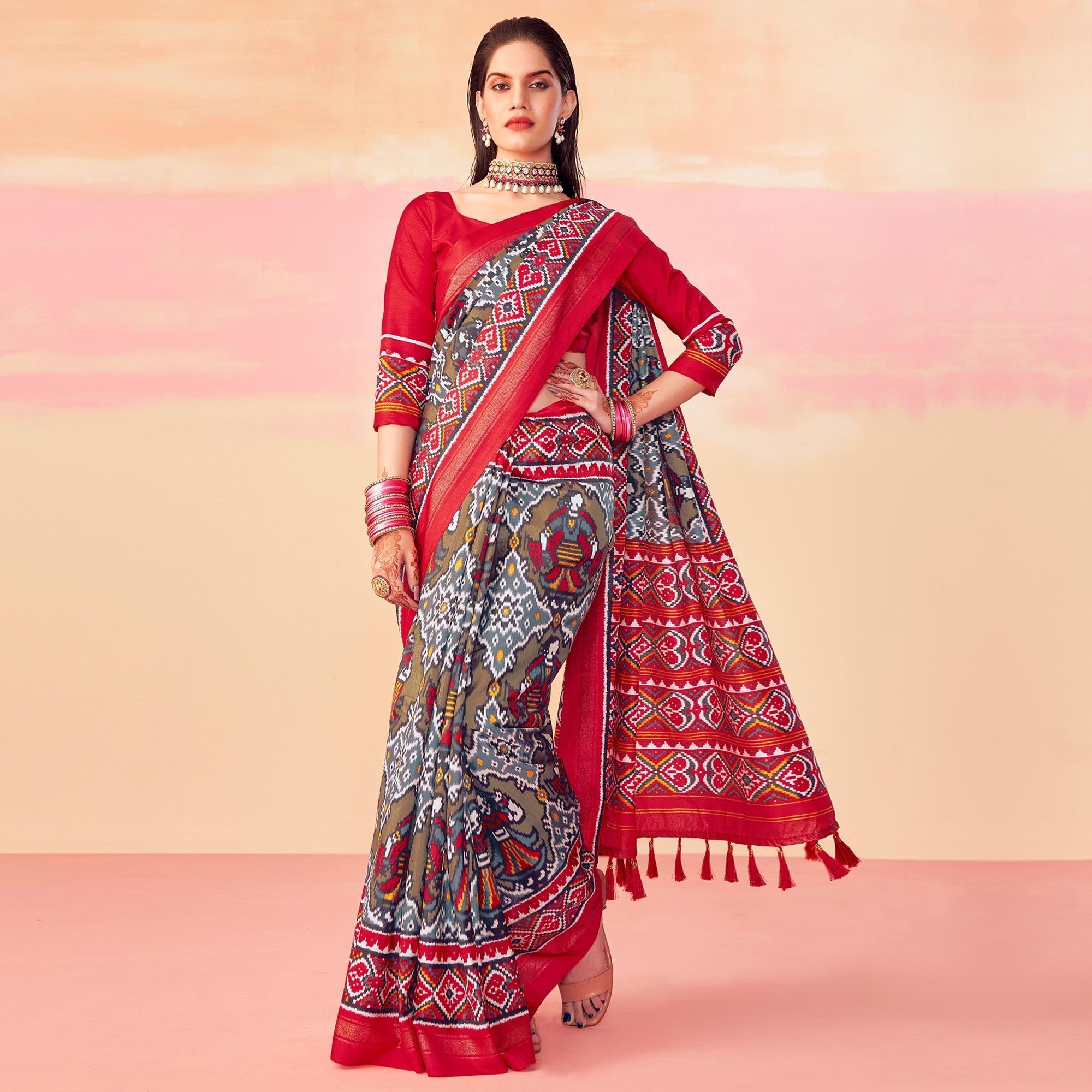 Peachmode Grey-Red Patola Printed Art Silk Saree With Tassels