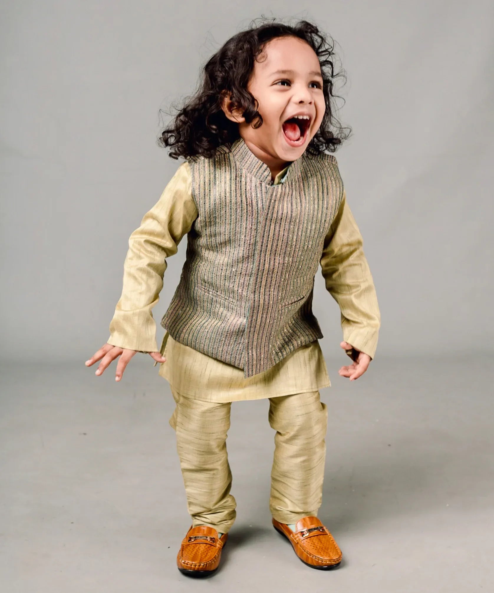 RmKV Gold – Beige Sherwani set with Nehru Jacket -Gold-1 - view 2