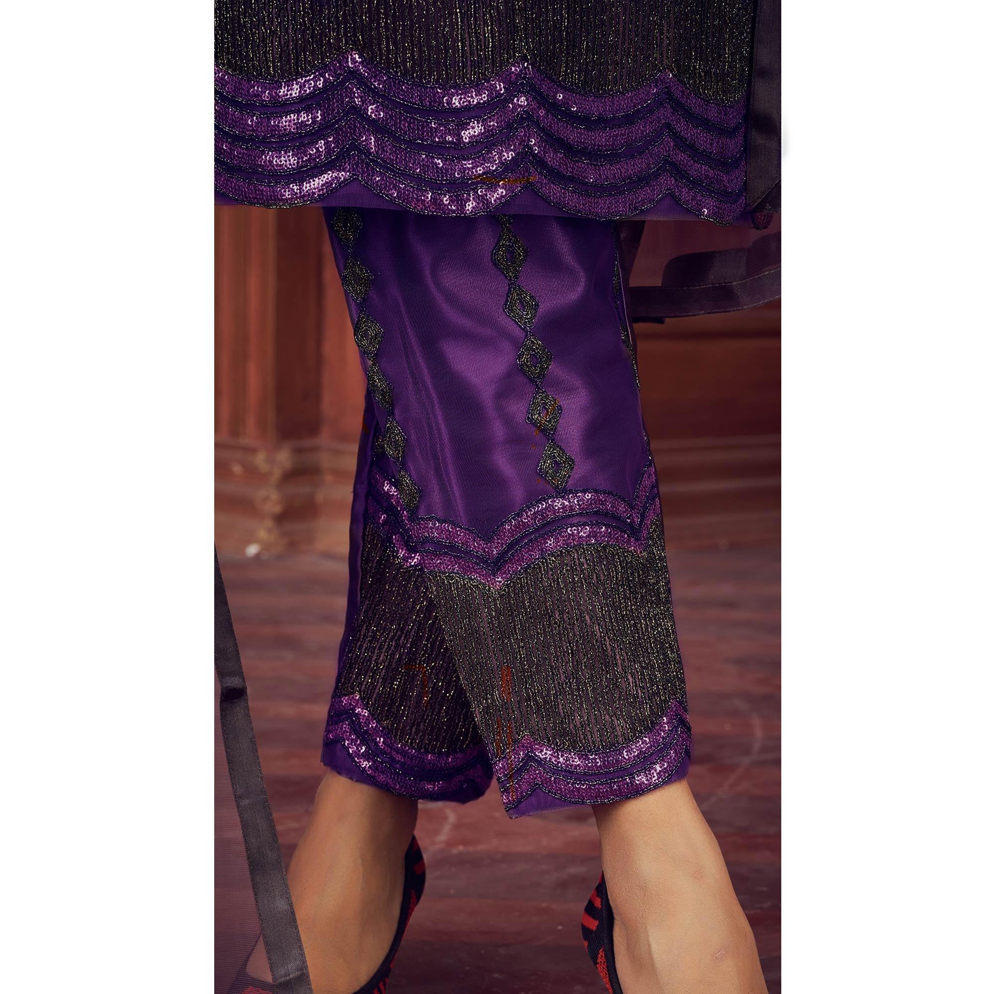 Peachmode Dark Purple Embroidered Netted Suit - view 7