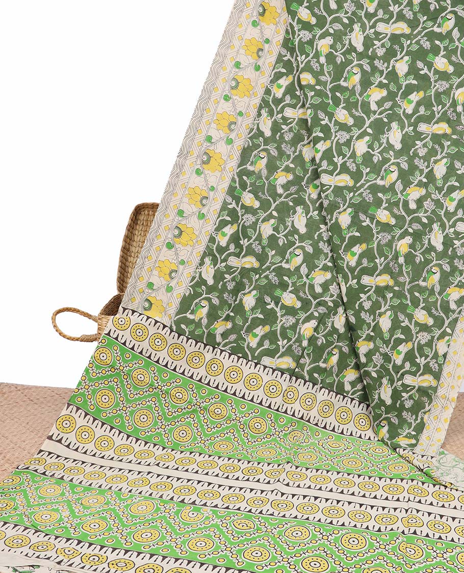 Pothys Green floral vine machine-printed kalamkari cotton saree, contrast floral creeper border & intricate pallu