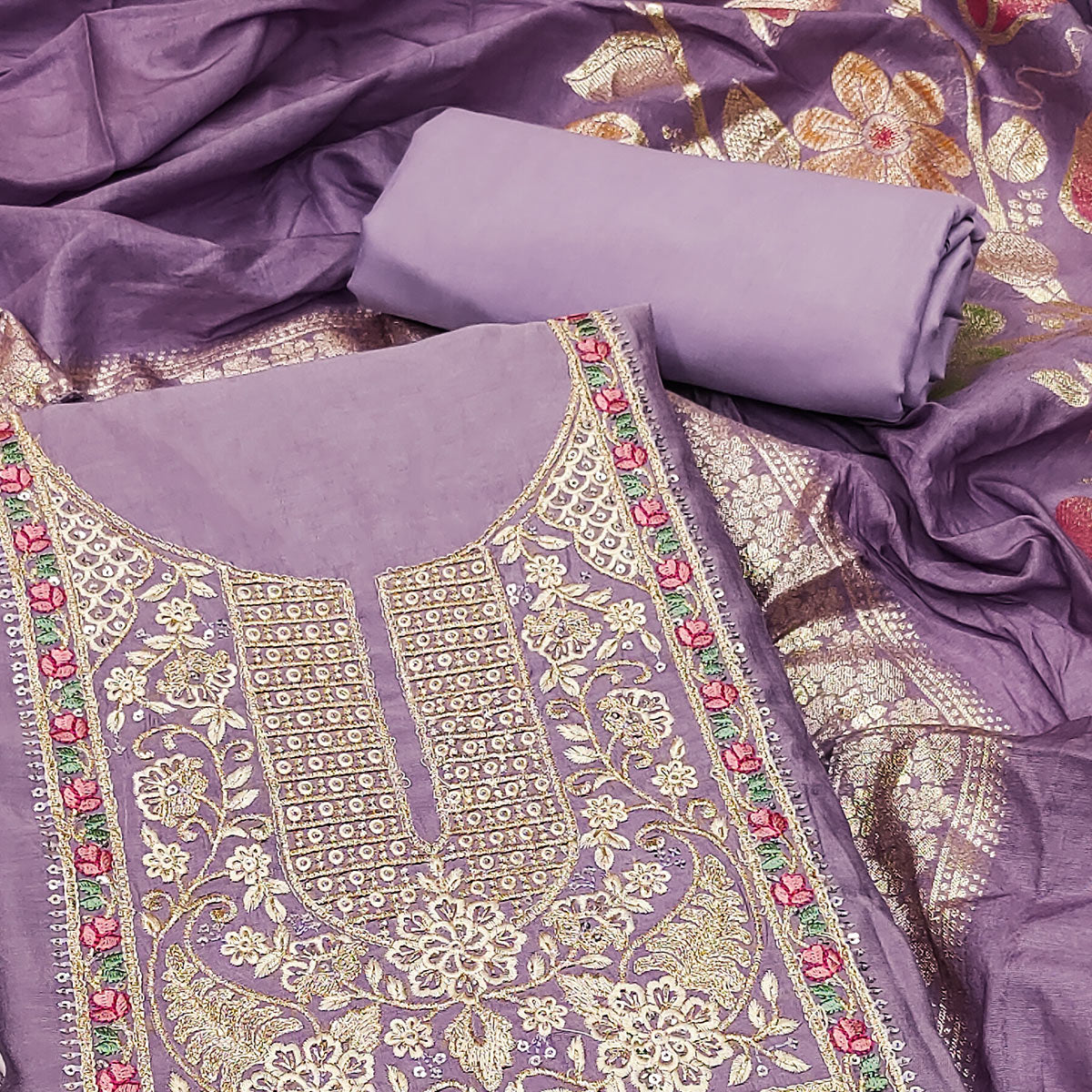 Peachmode Lavender Floral Sequins Embroidered Roman Cotton Silk Dress Material - view 2
