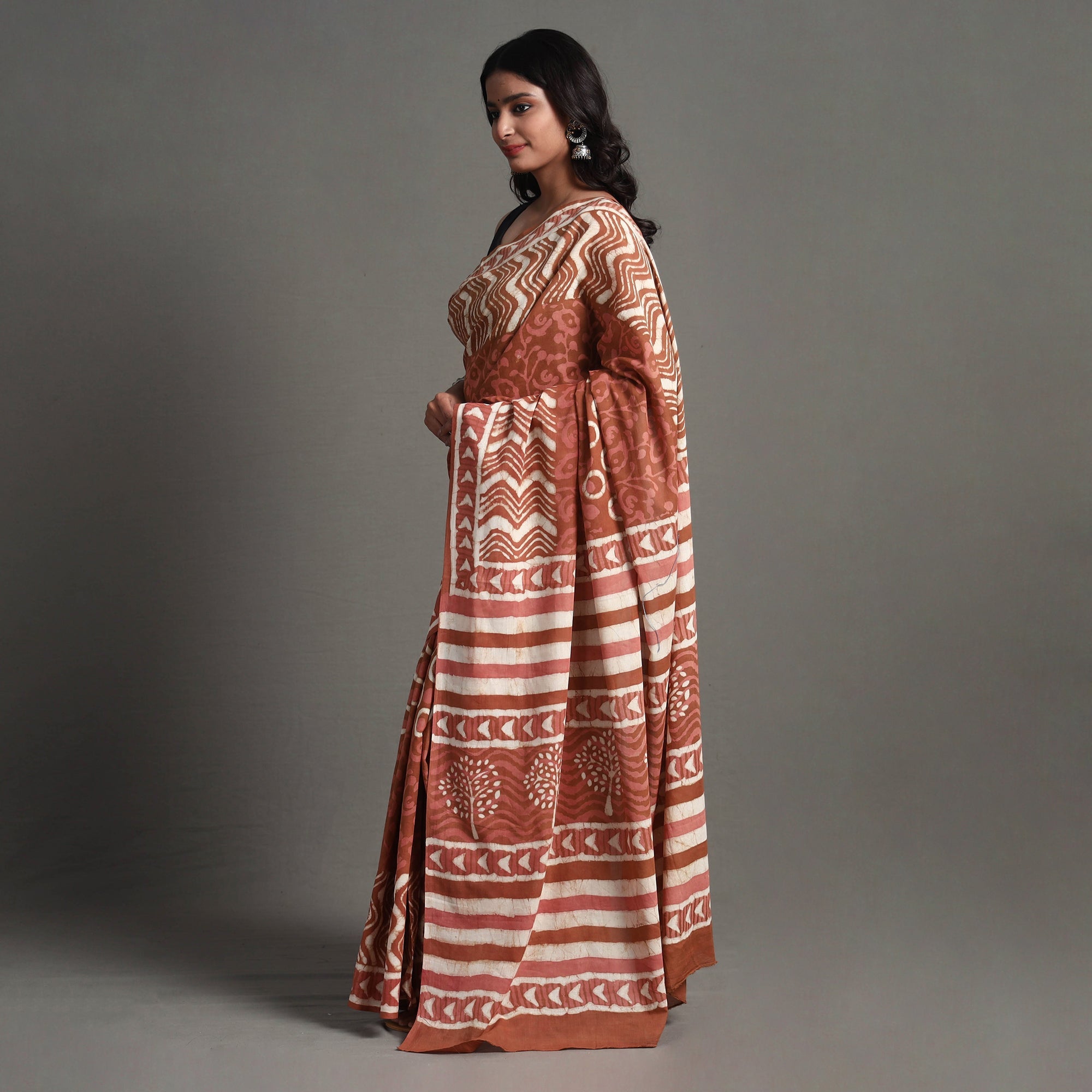 ARTISAN HAND BLOCK PRINTS Brown - Bagru Dabu Block Printed Mul Cotton Saree - view 3