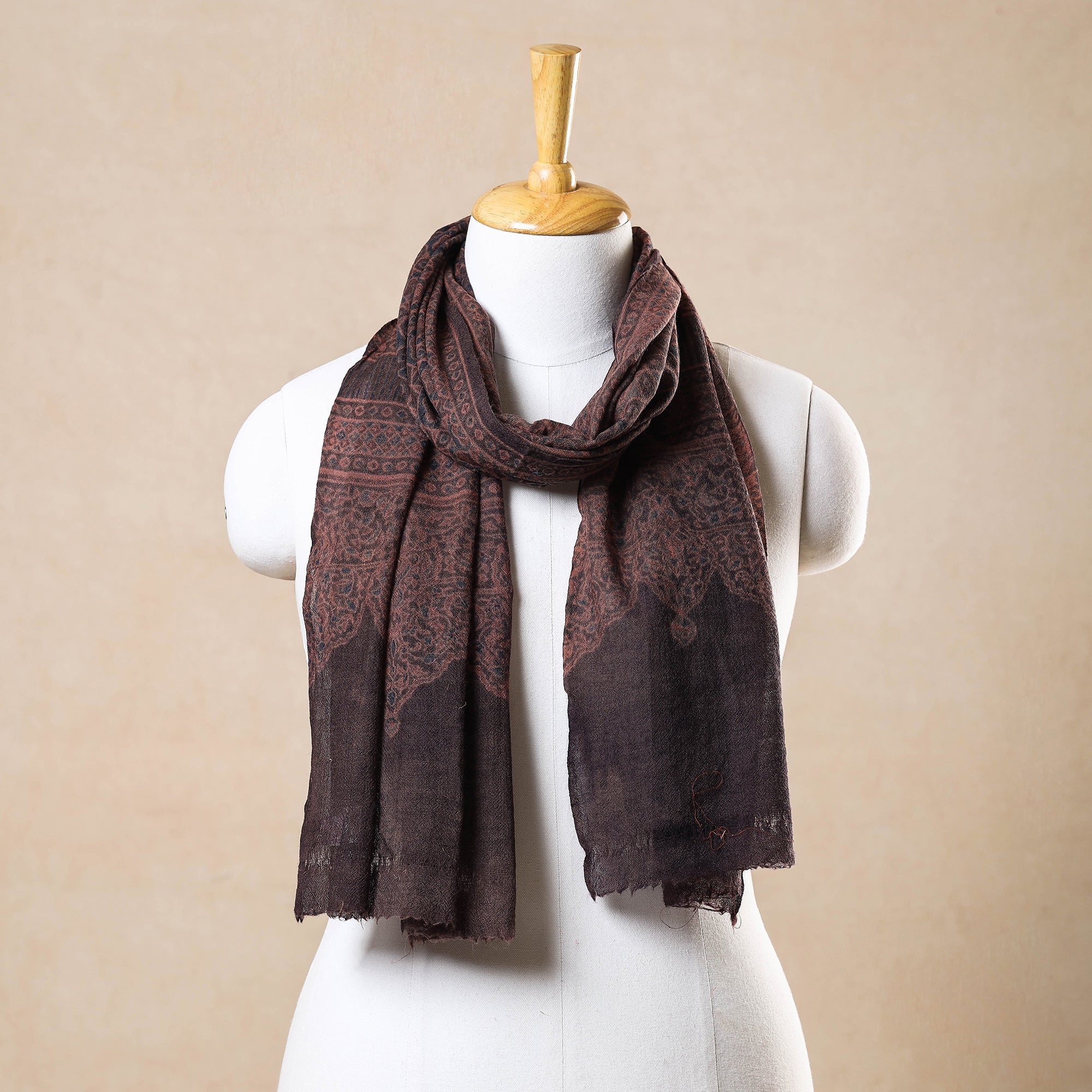 AJRAKH BY JABBAR KHATRI Brown - Ajrakh Hand Block Printed Pure Woolen Stole