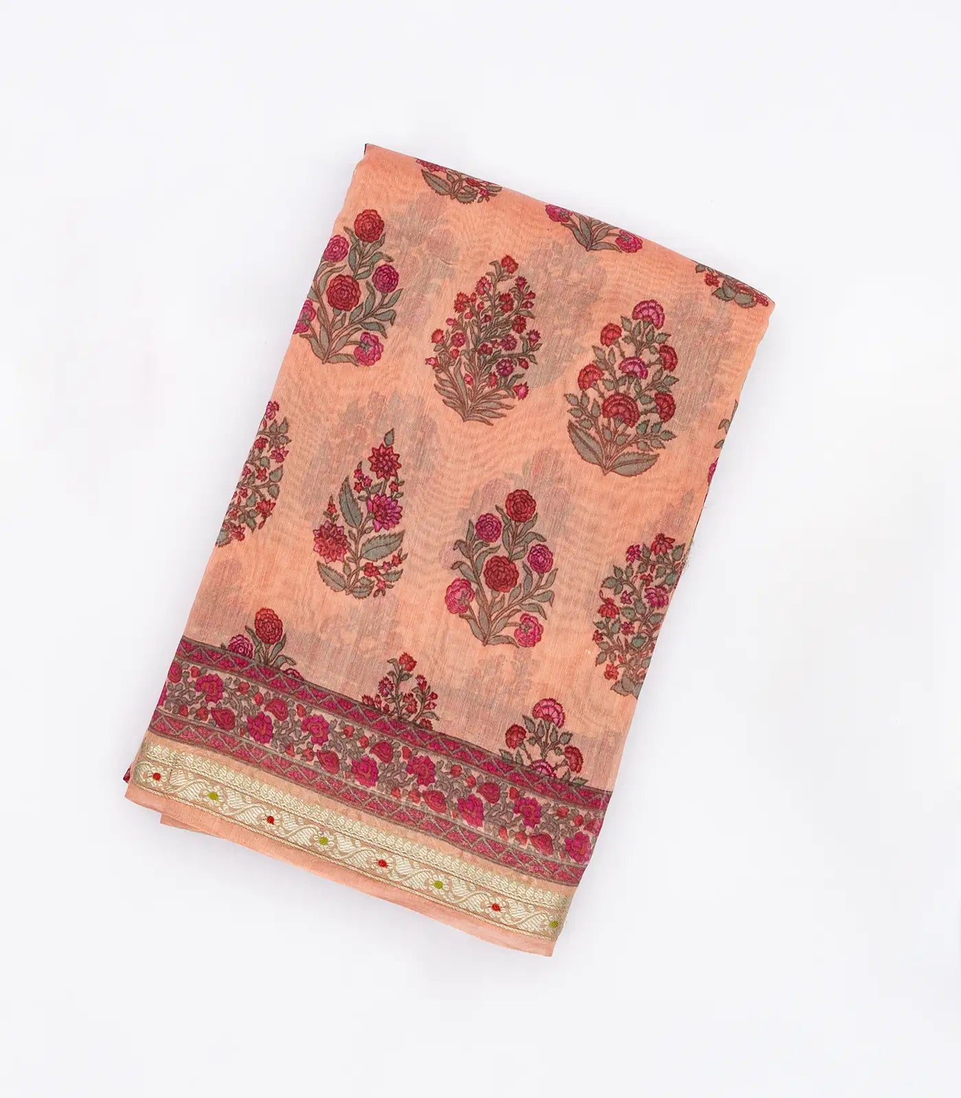 RmKV Peach Handloom Chanderi Cotton Saree With Printed Floral Motifs