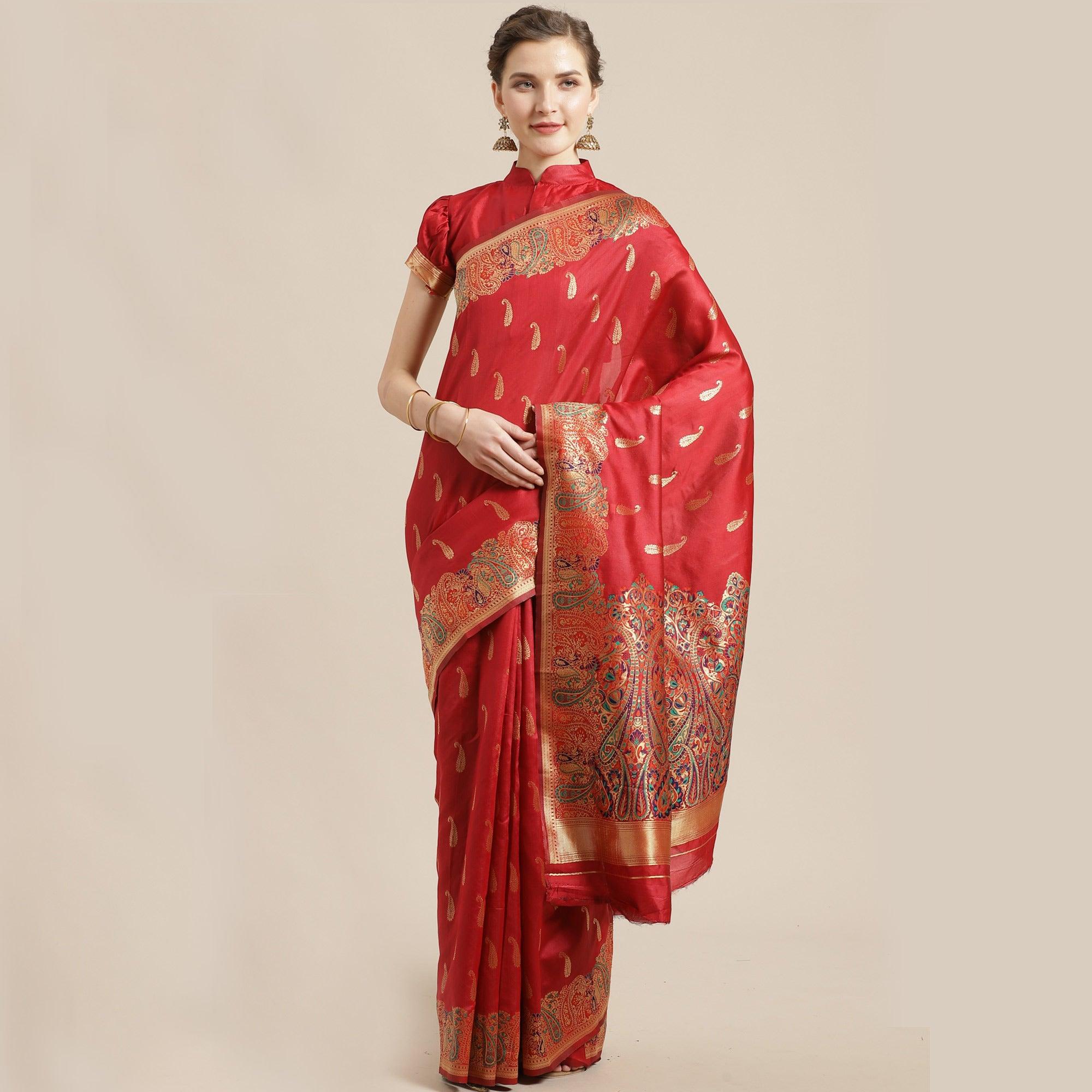 Peachmode Delightful Red Colored Festive Wear Woven Silk Blend Saree