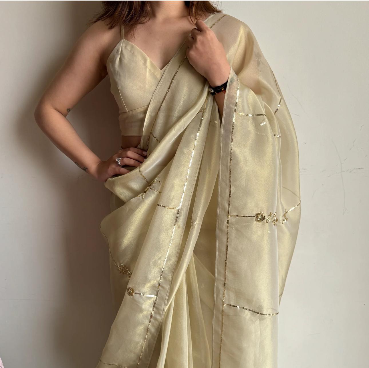 ClothsVilla Beige Color Tissue Jimmy Choo Saree with Exquisite Handwork – Complete with Running Blouse - view 2