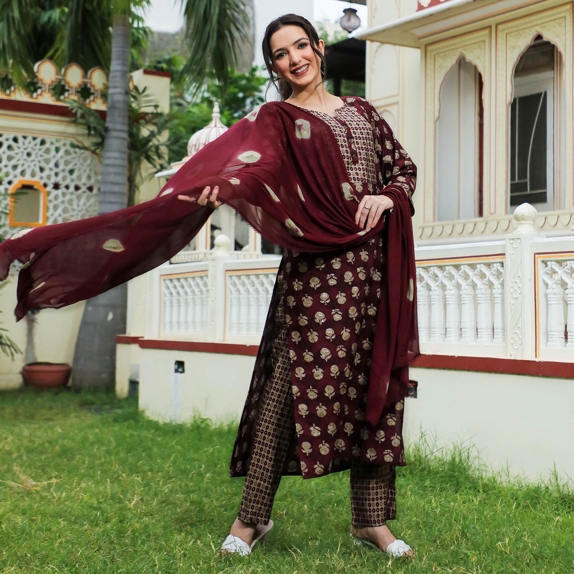 Peachmode Maroon Floral Foil Printed Modal Suit - view 5