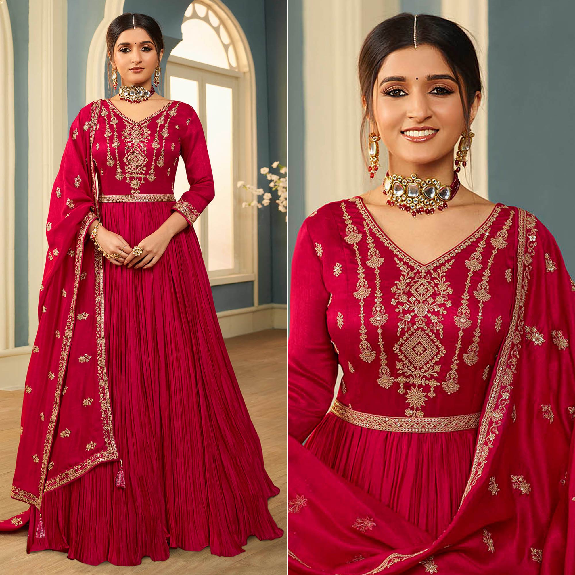Peachmode Seller Magenta Pink Embroidered Georgette Gown