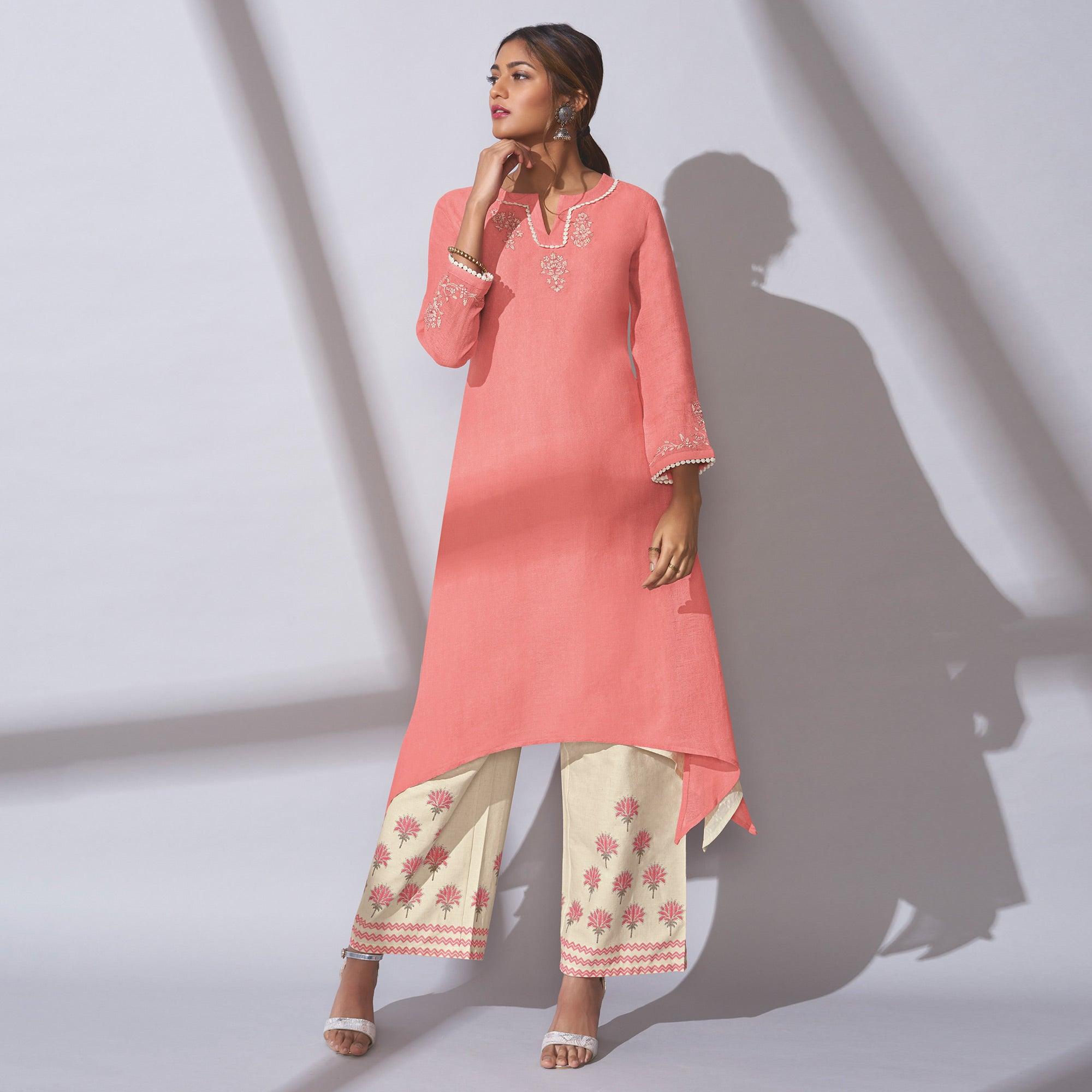 Peachmode Seller Charming Pink Colored Party Wear Embroidered Khadi Cotton Kurti-Palazzo Set