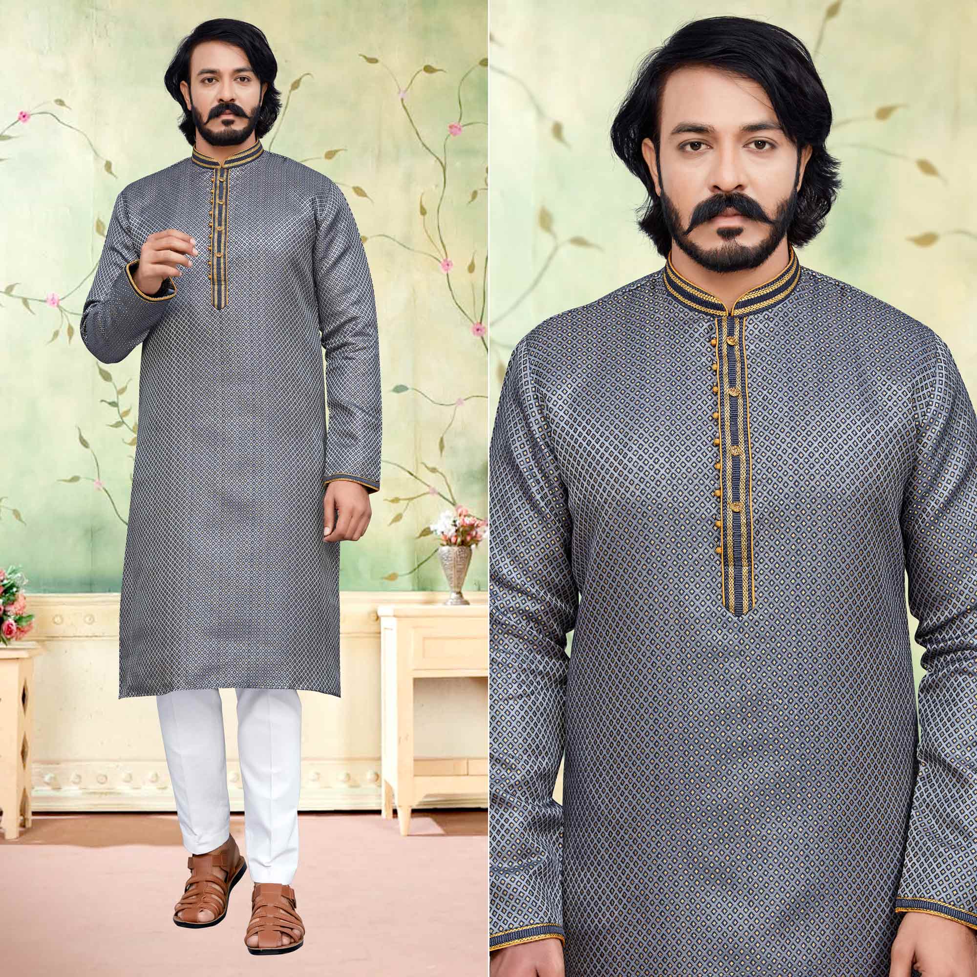 Peachmode Seller Grey Woven Jacquard Kurta Pyjama Set