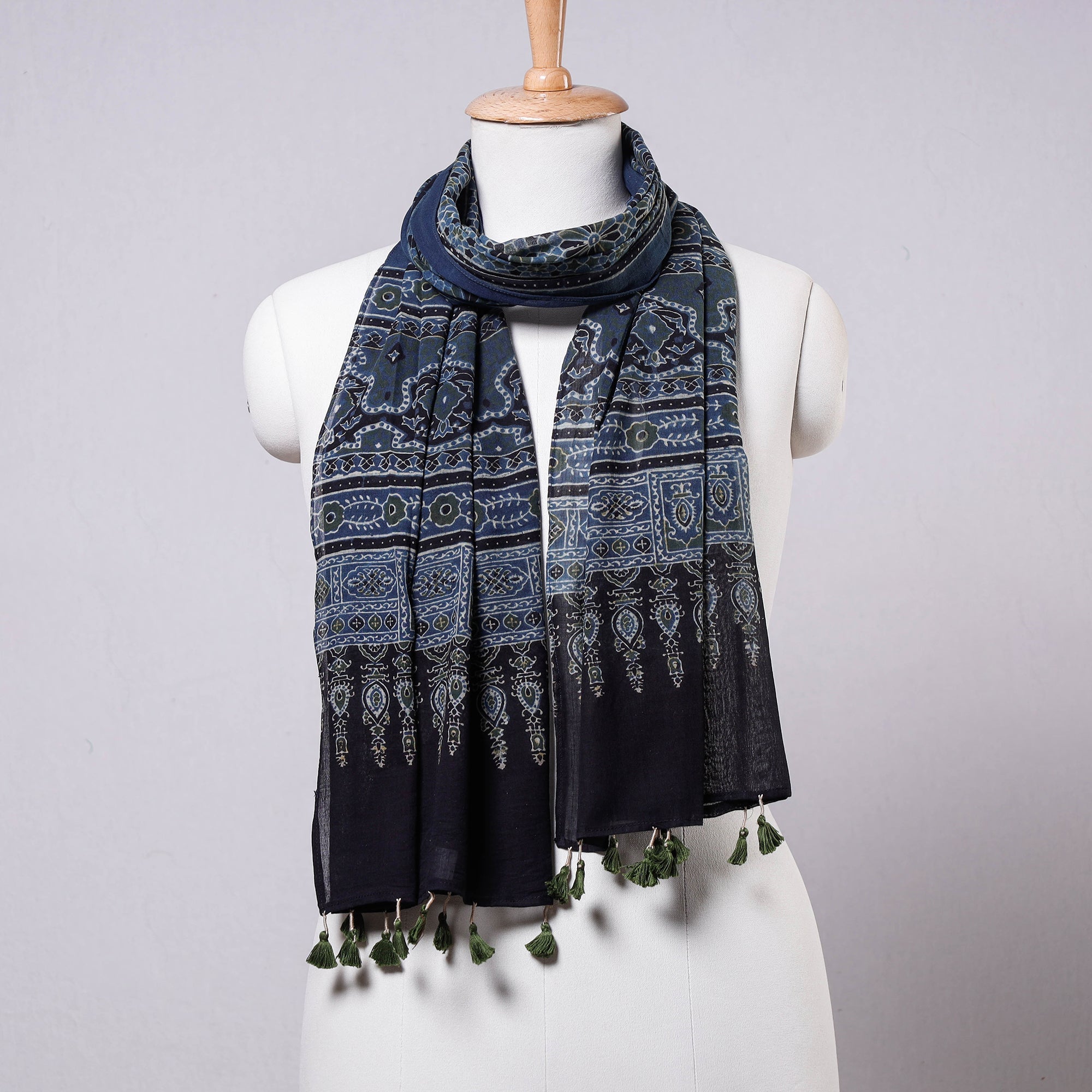 AJRAKH BY JABBAR KHATRI Blue - Ajrakh Block Printed Mul Cotton Stole with Tassels
