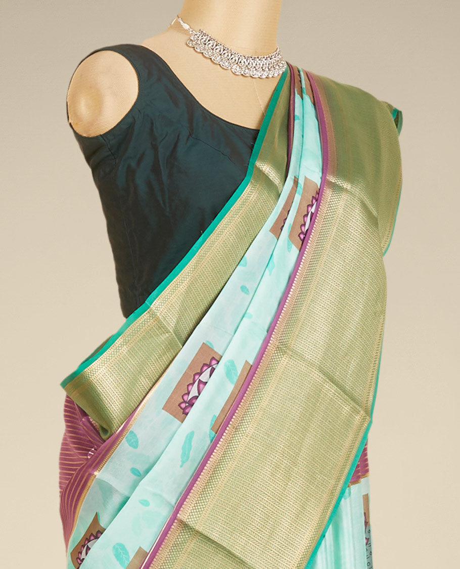 Pothys Multi-color pichwai lotus motifs printed mysore silk saree with zari designs, contrast traditional zari design border