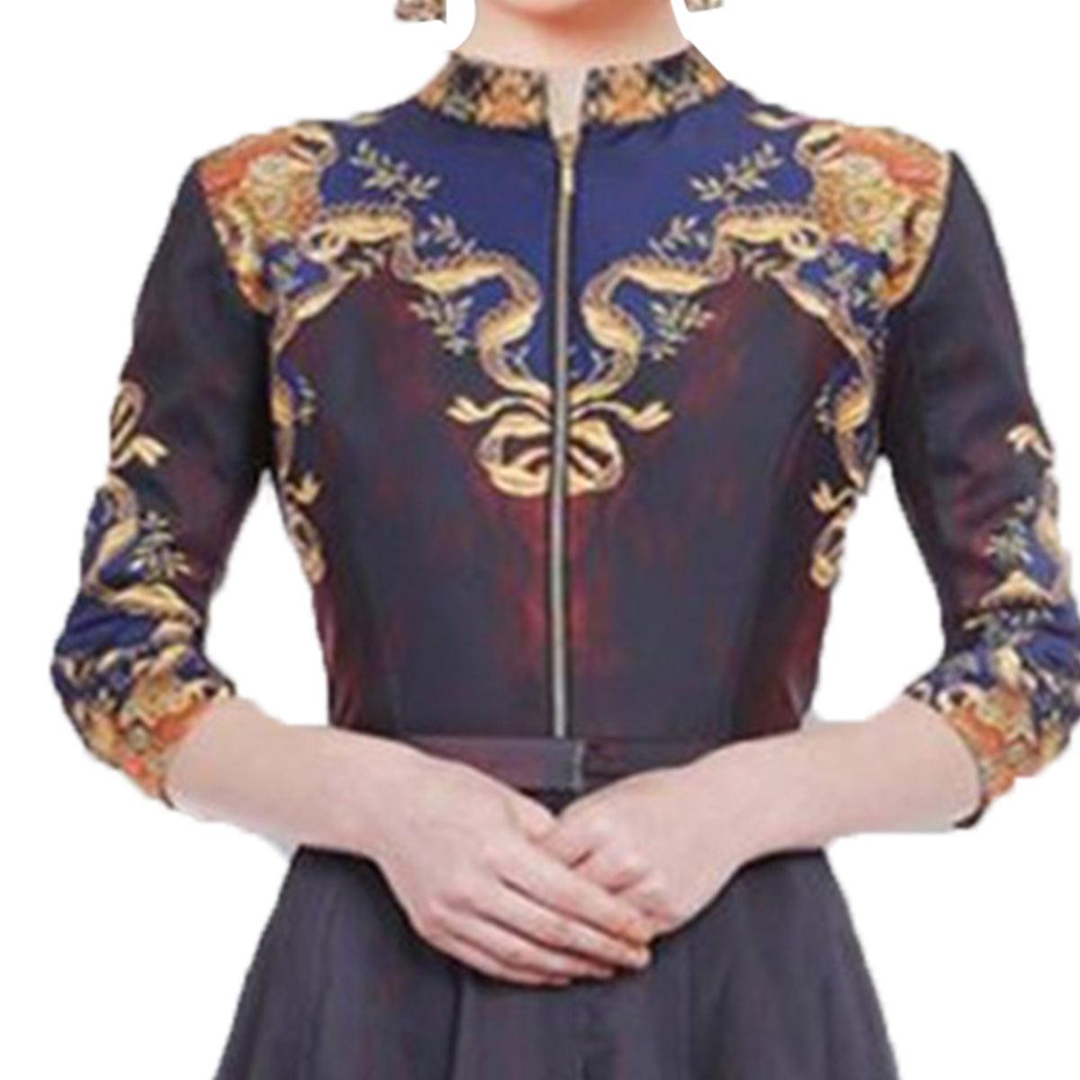 Peachmode Multi Color Ikkat Printed Gown with Front Zip - view 3