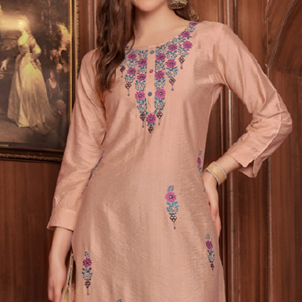 Peachmode Light Brown Floral Embroidered Rayon Kurti - view 3