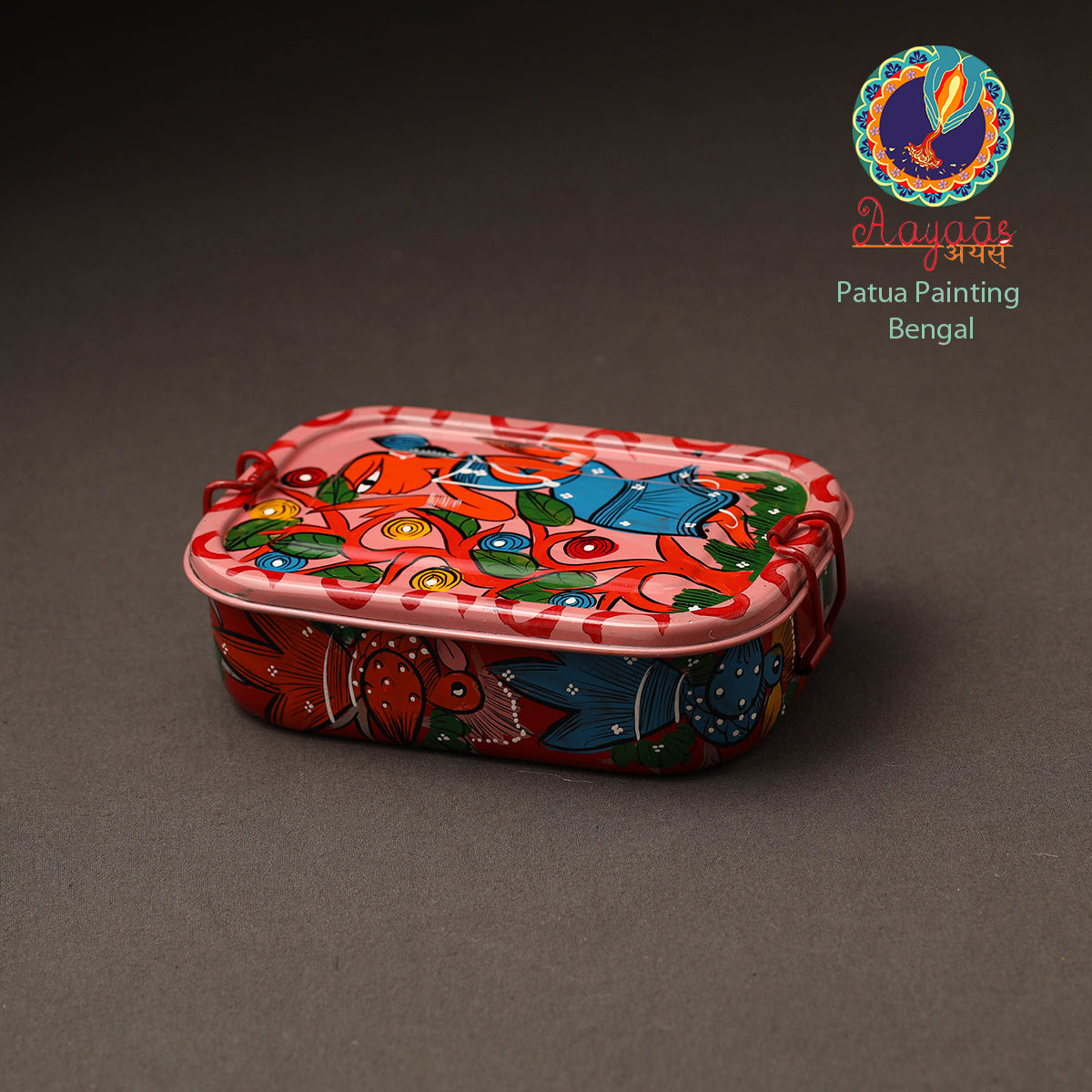AAYAAS Bengal Patua Handpainted Stainless Steel Rectangle Lunch Box (6 x 4 in)