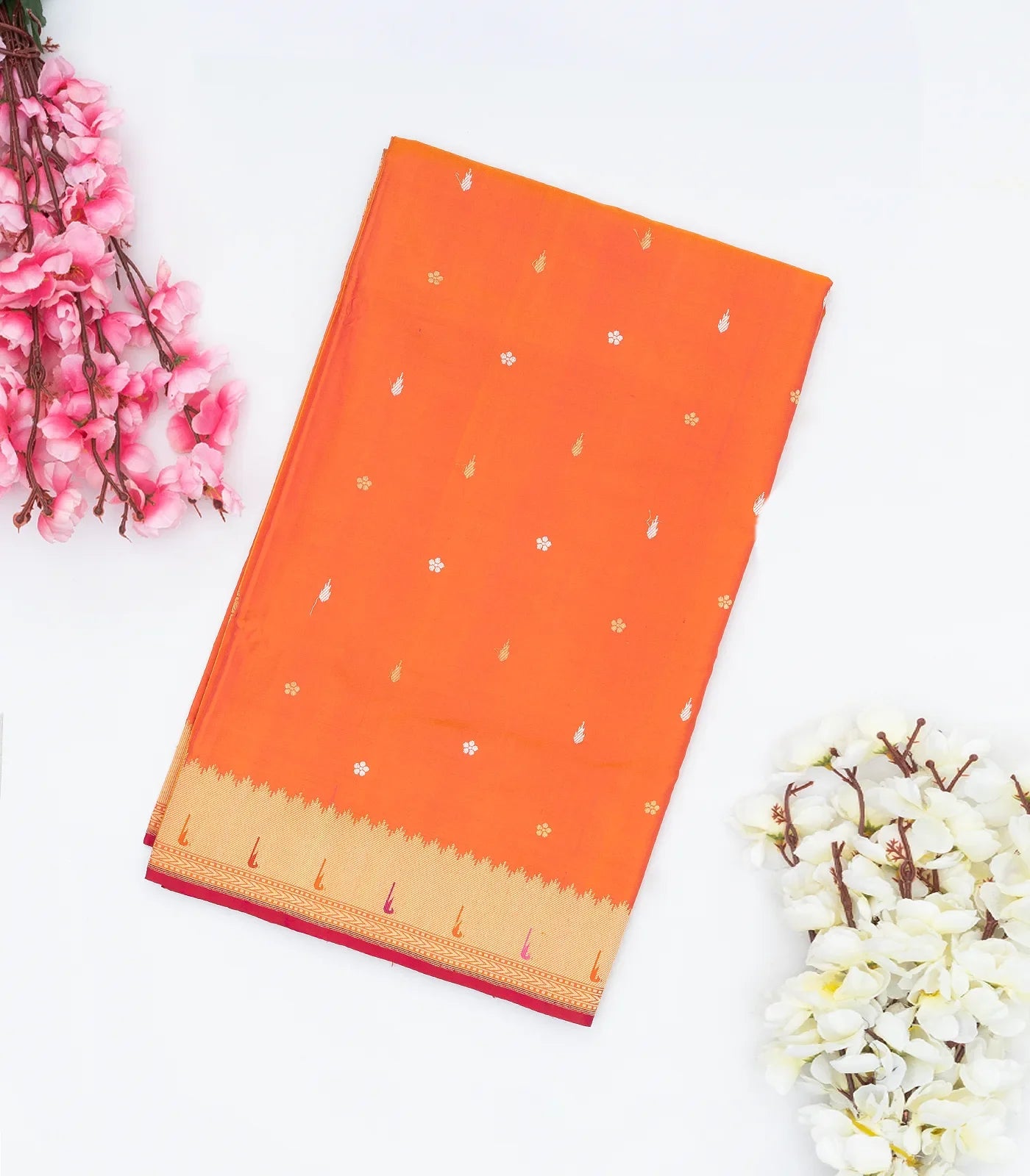 RmKV Orange Handwoven Banarasi Silk Saree With Floral Motif Buttas