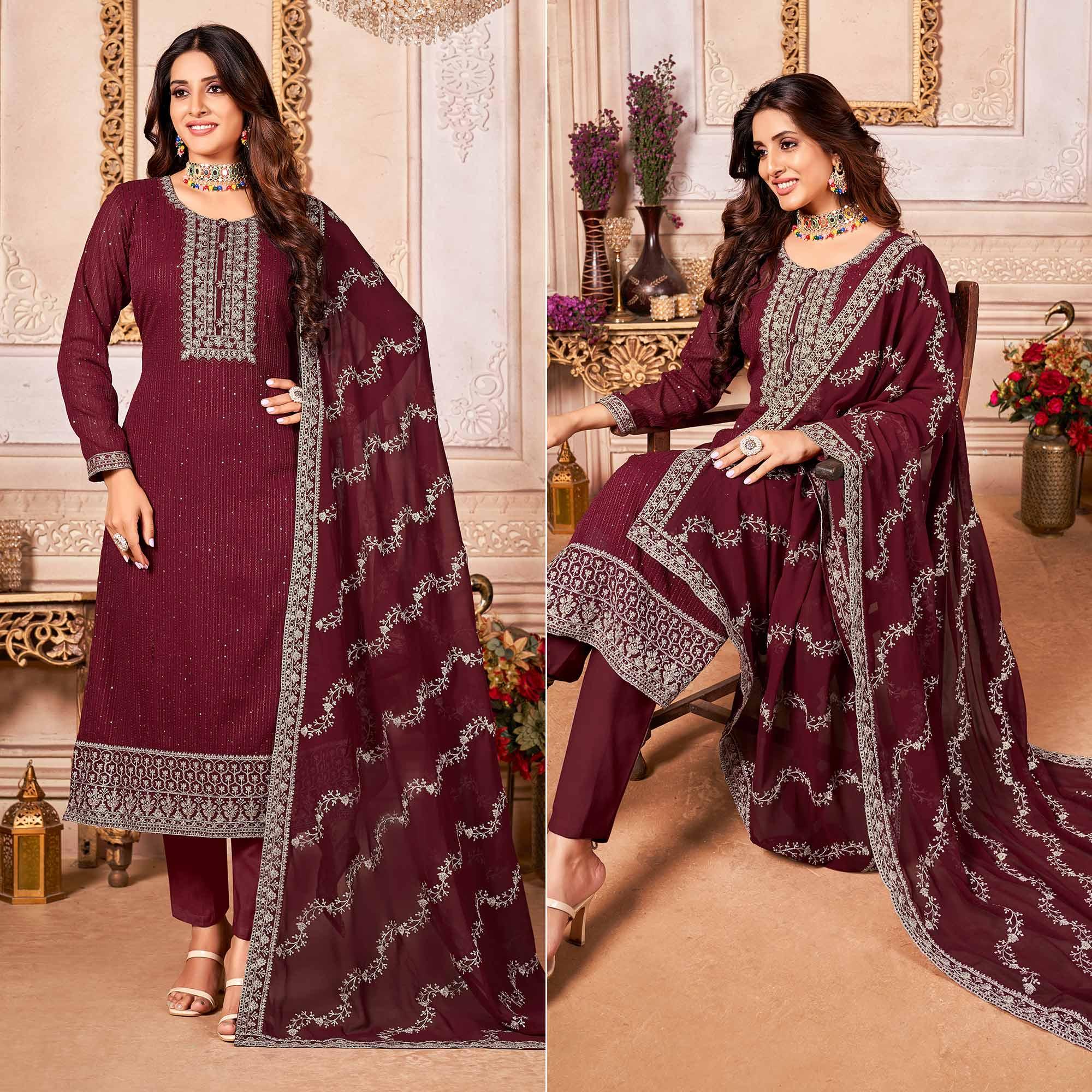 Peachmode Maroon Floral Sequins Embroidered Georgette Salwar Suit