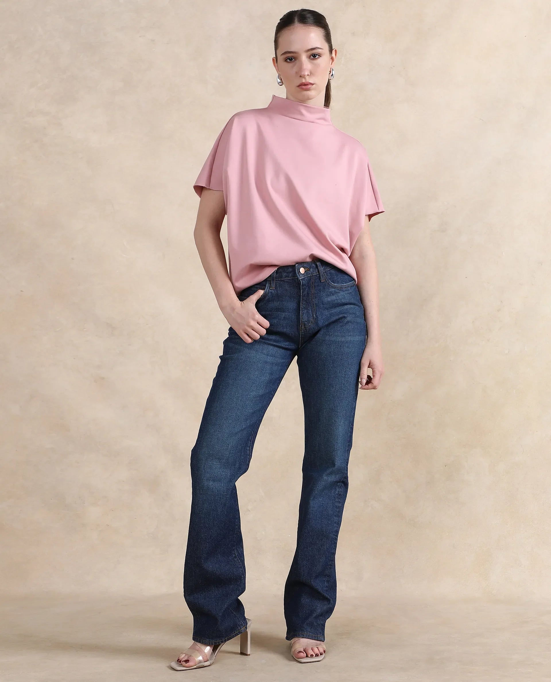 Rareism Women Worknet Pink Cotton Viscose Fabric Extended Sleeves High Neck Relaxed Fit Plain Top - view 9