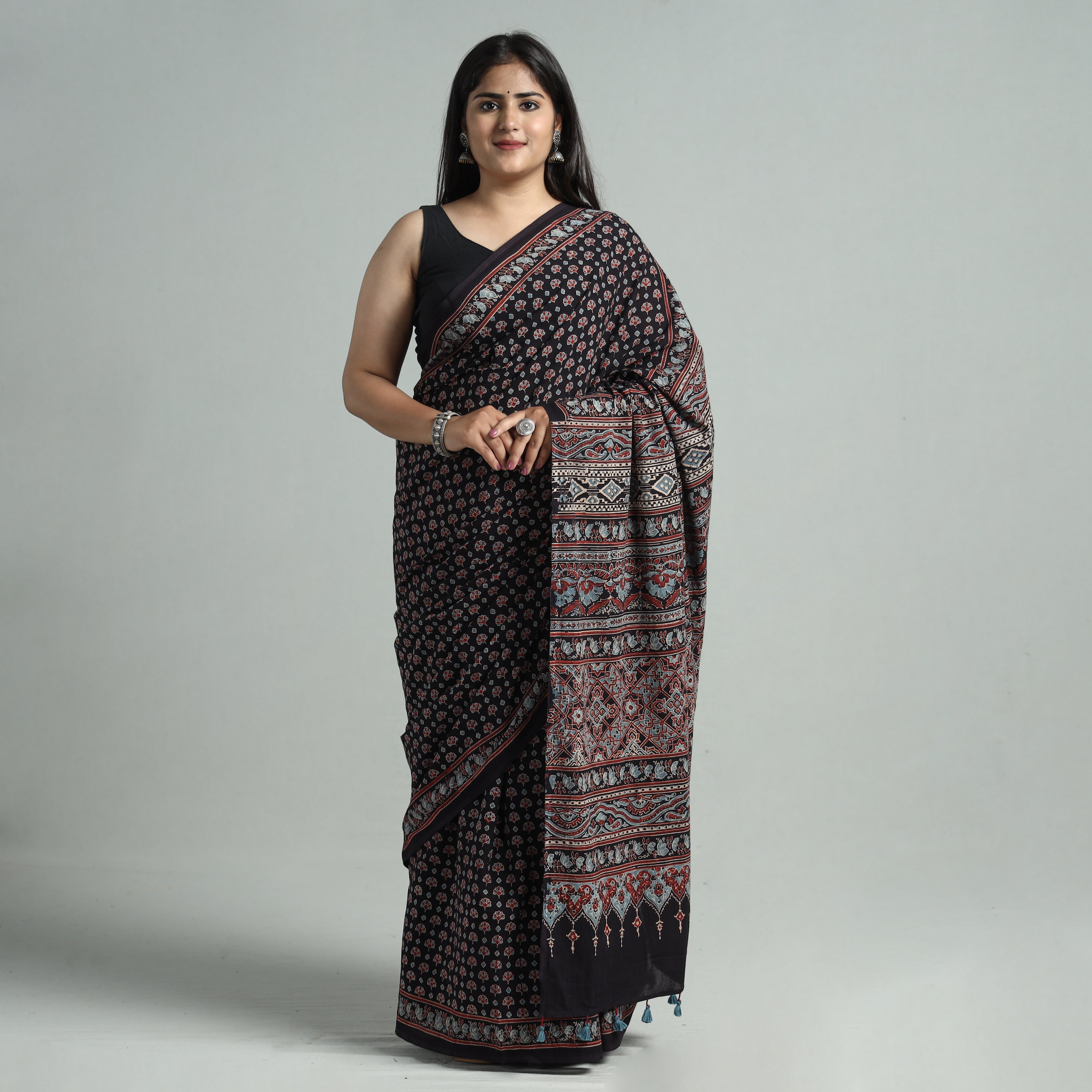 AJRAKH BY JABBAR KHATRI Black - Natural Dyed Block Print Mul Cotton Ajrakh Saree 02