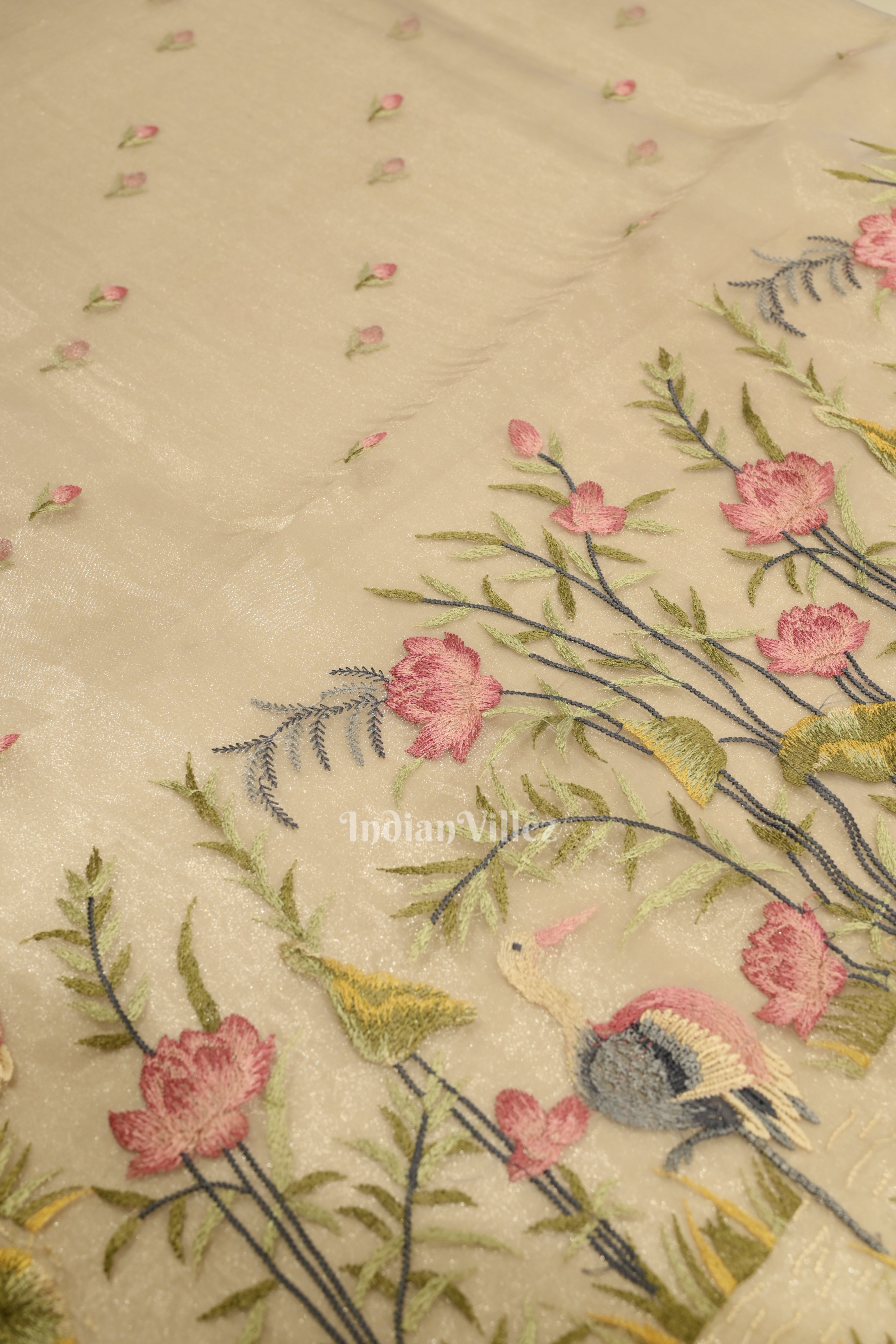 IndianVillèz Basil Green Kora Banarasi Tissue Saree with Embroidery Work - view 3