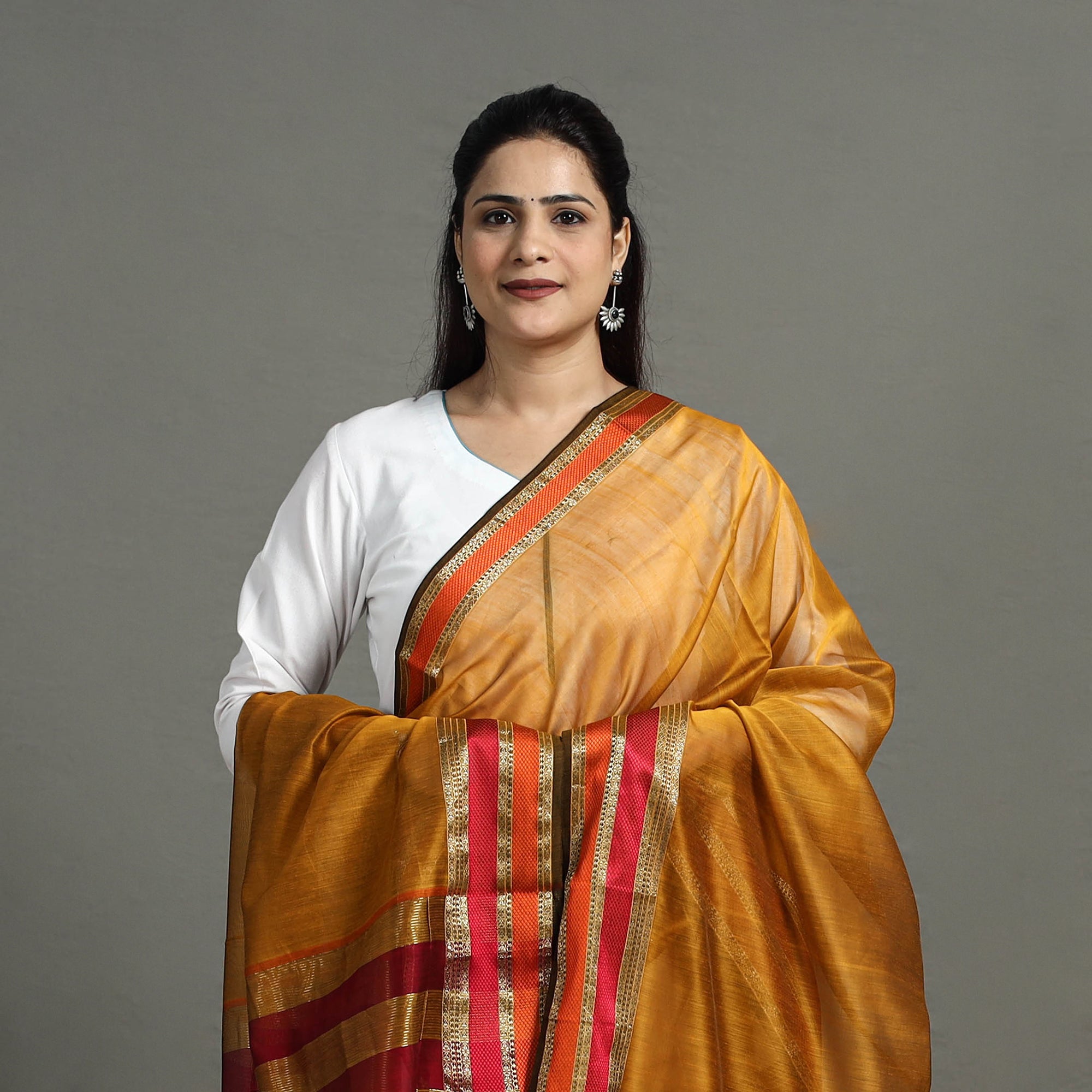 ITOKRI CRAFTS INITIATIVE Brown - Handloom Silk Cotton Resham Border Maheshwari Dupatta 26 - view 3