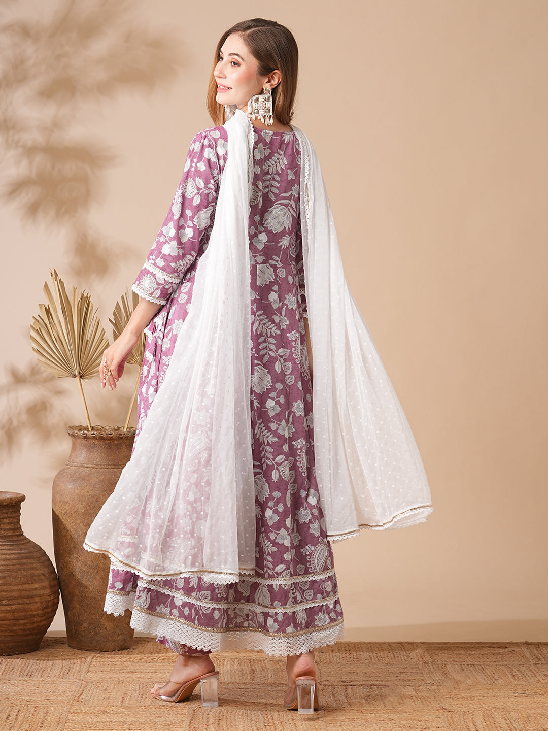 Fashor Floral Printed Stones & Pearl Embroidered Anarkali Kurta with Pants & Dupatta - Mauve - view 6
