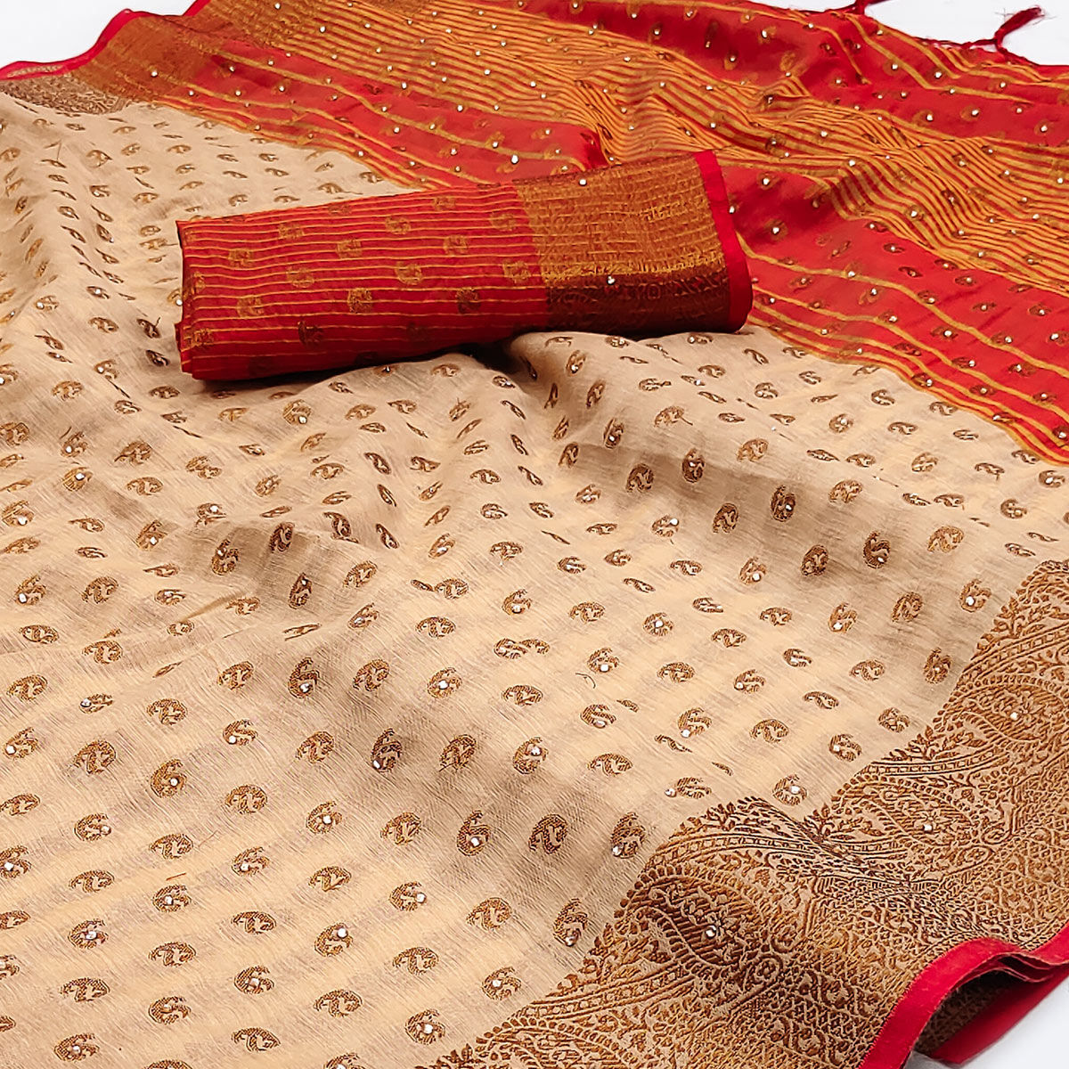 Peachmode Chikoo Floral Woven Cotton Silk Saree - view 2