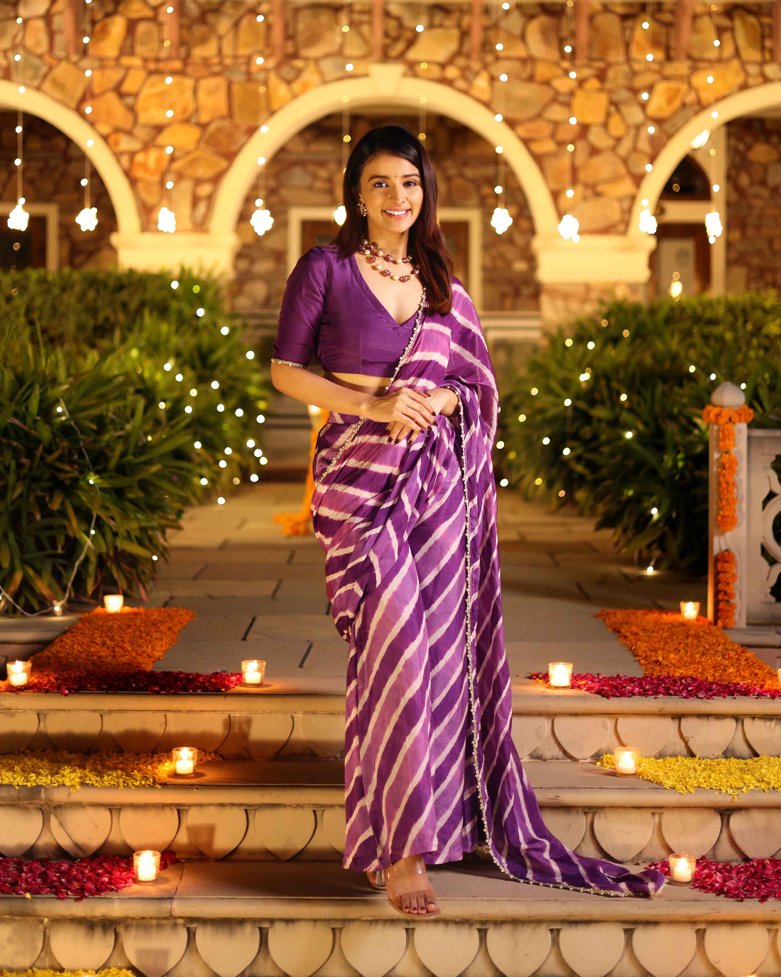 Aachho Kimaya Purple Leheriya Silk Pre Draped Saree - view 5
