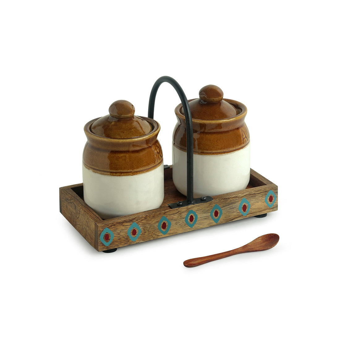 EXCLUSIVELANE 'Old Fashioned Martaban' Ceramic Chutney & Pickle Jar Set With Tray (Set of 2, 225 ML) - view 2