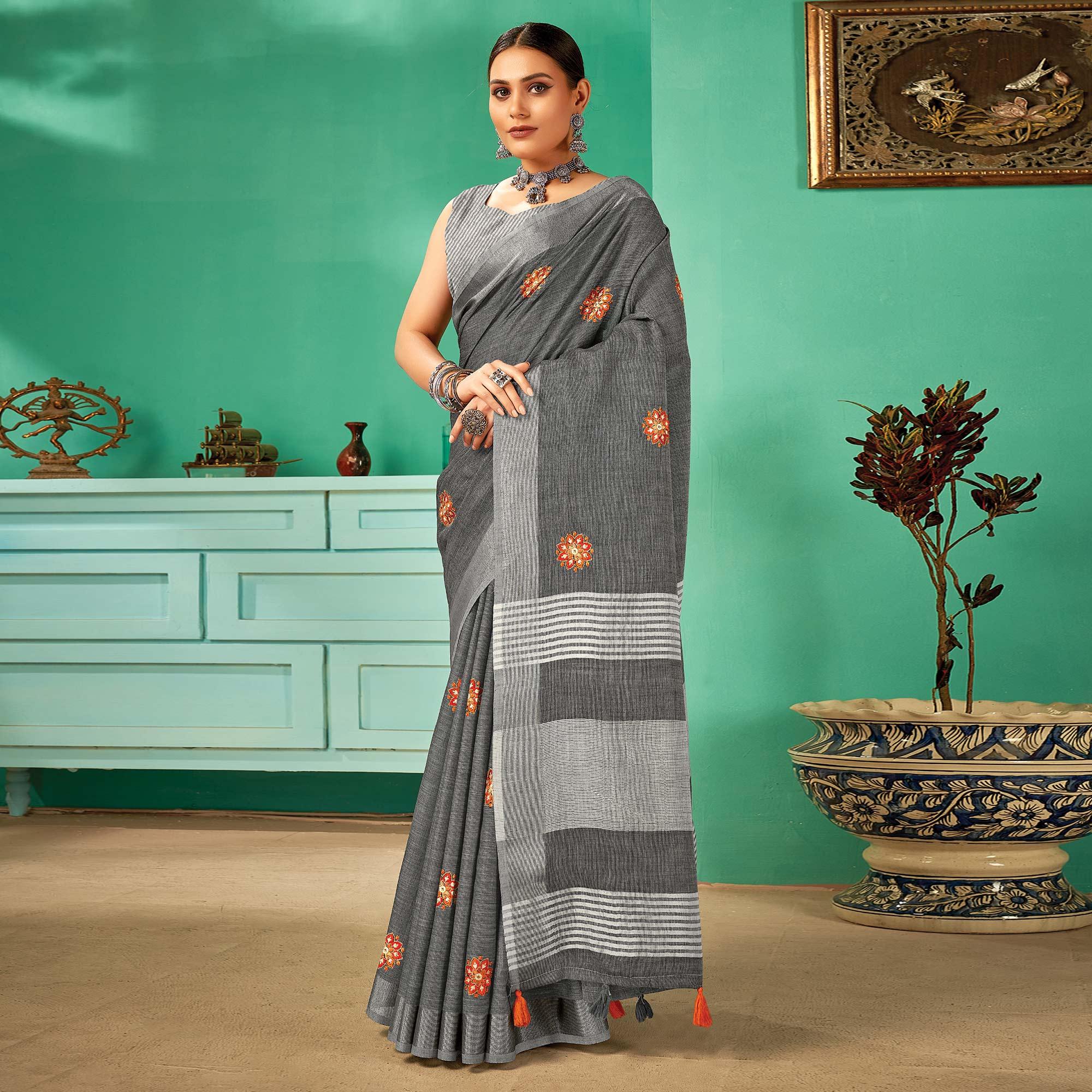 Grey sarees – BlackTree grey-casual-wear-embroidered-linen-saree-134683