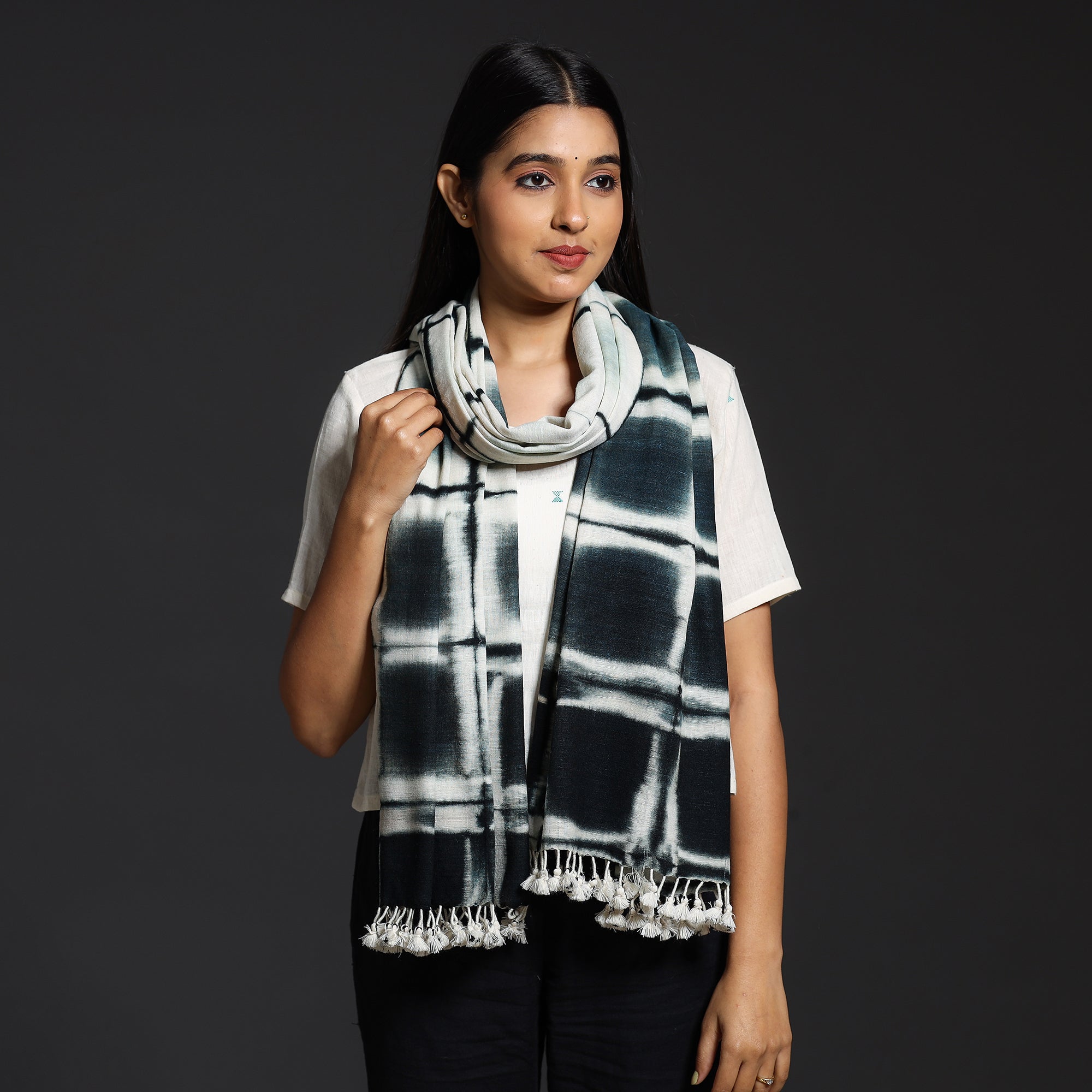 VANKAR BHIMJI KANJI Black - Kutch Handwoven Clamp Dyed Shibori Silk x Wool Stole with Tassels